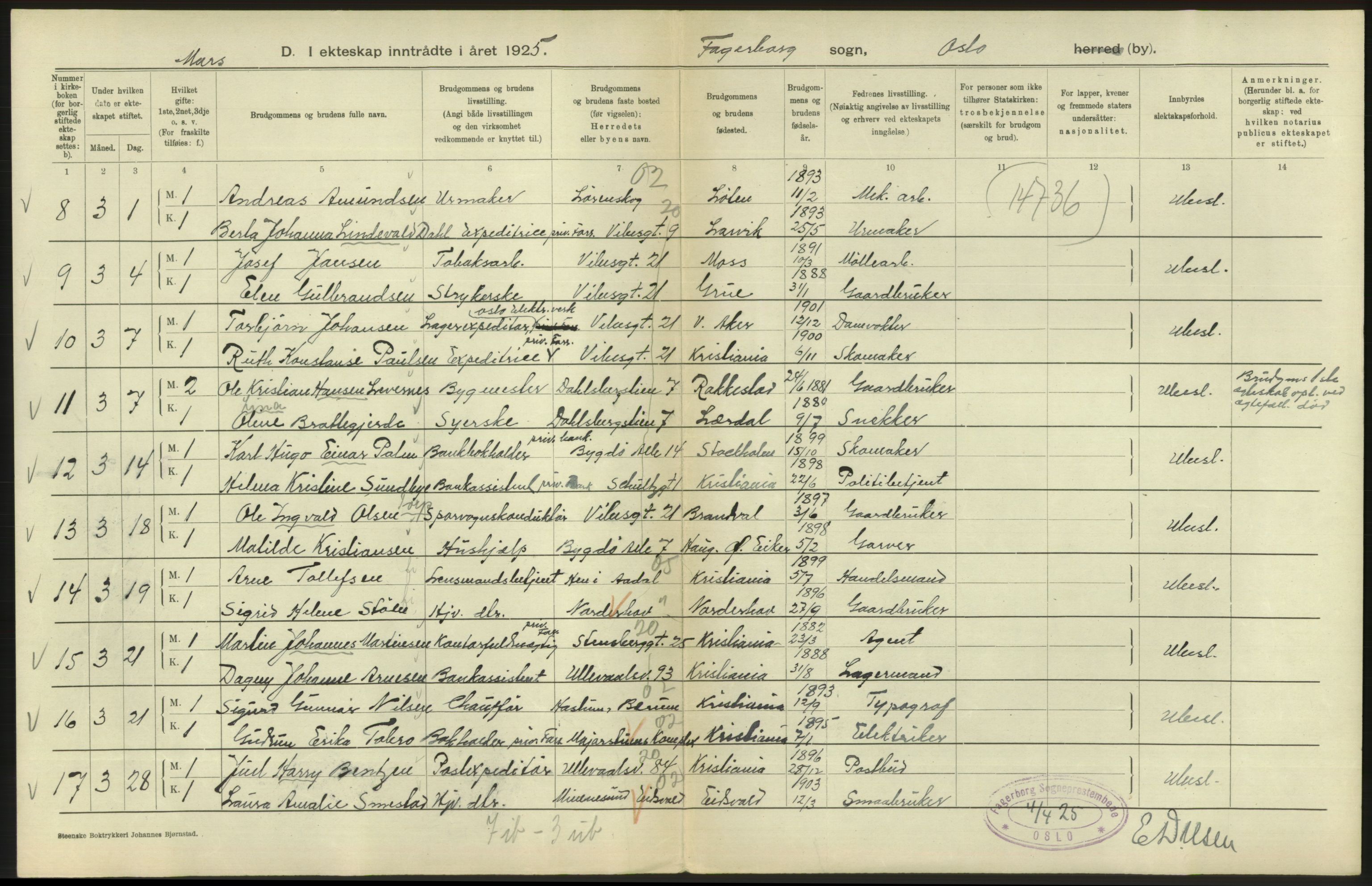 Statistisk sentralbyrå, Sosiodemografiske emner, Befolkning, AV/RA-S-2228/D/Df/Dfc/Dfce/L0008: Oslo: Gifte, 1925, s. 240