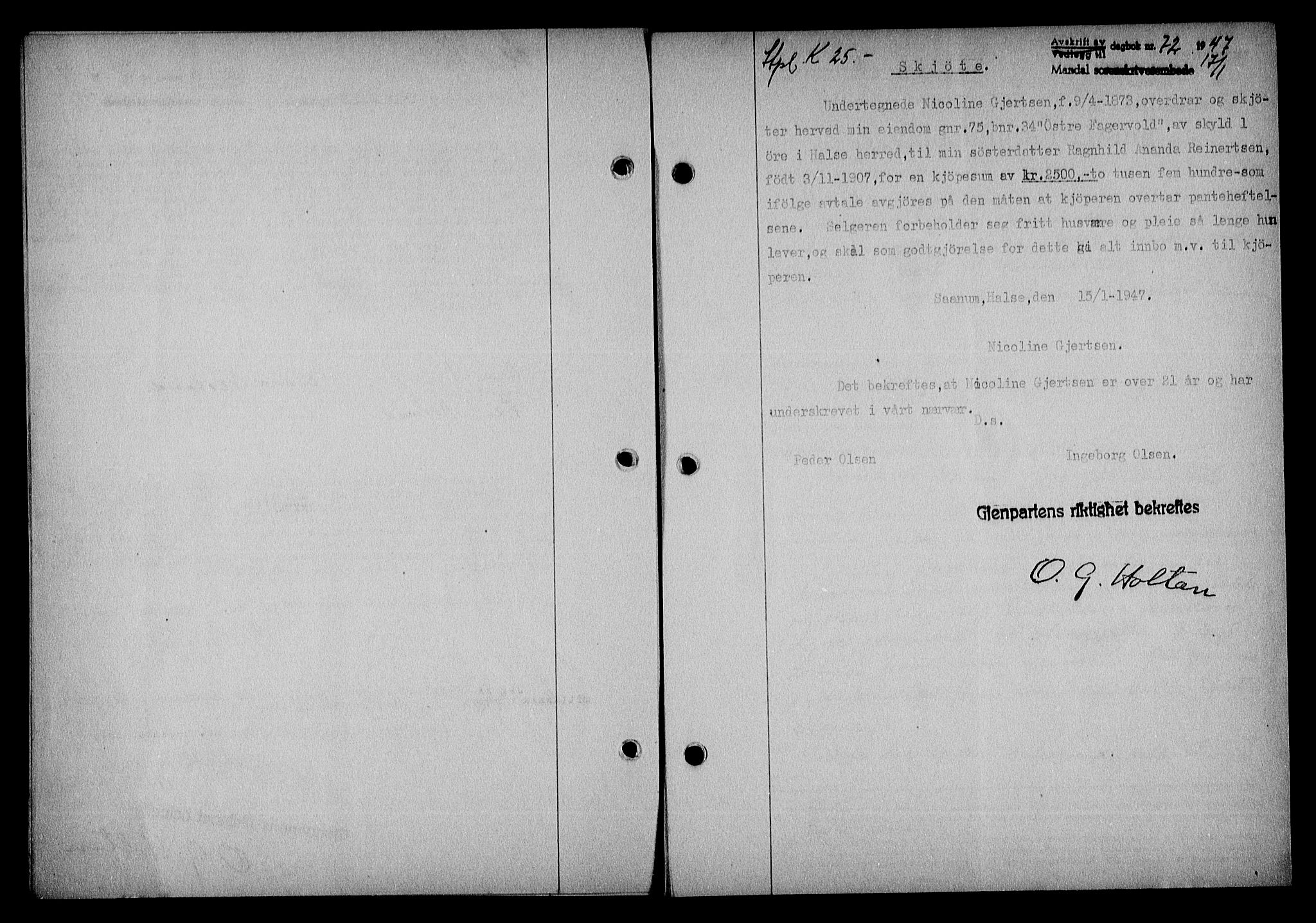 Mandal sorenskriveri, SAK/1221-0005/001/G/Gb/Gba/L0078: Pantebok nr. A-15, 1947-1947, Dagboknr: 72/1947