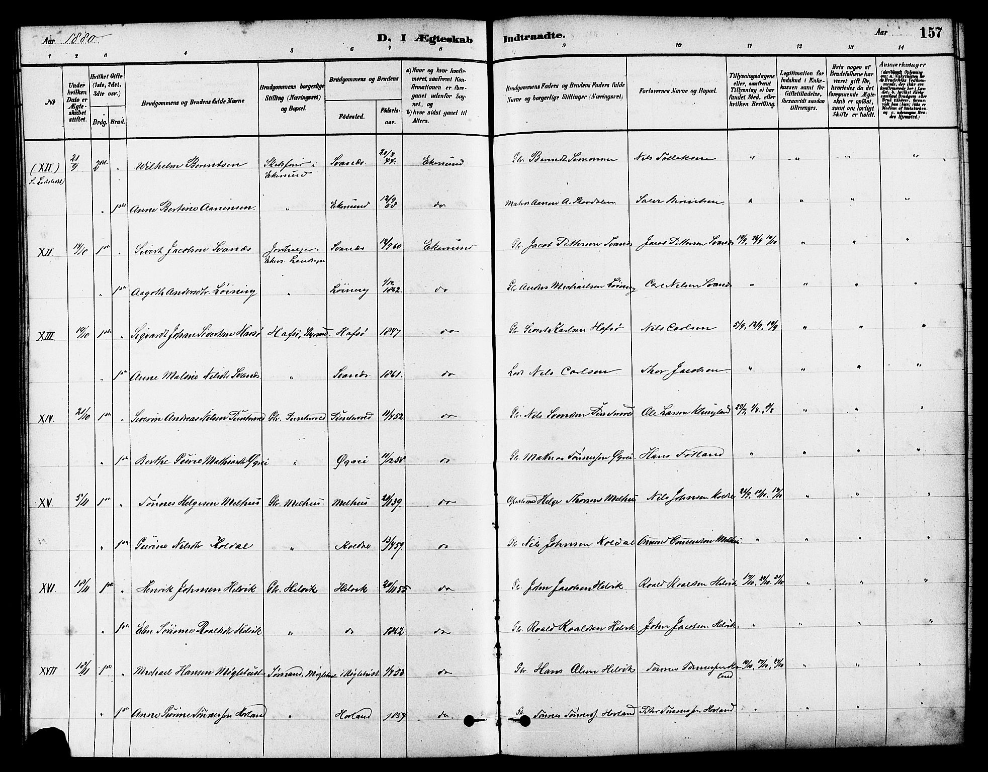 Eigersund sokneprestkontor, AV/SAST-A-101807/S08/L0017: Ministerialbok nr. A 14, 1879-1892, s. 157