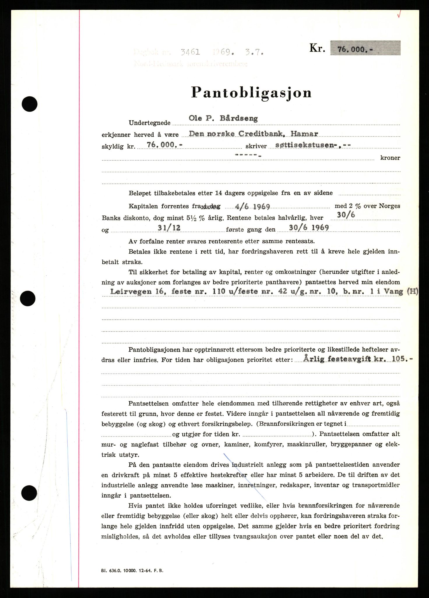 Nord-Hedmark sorenskriveri, SAH/TING-012/H/Hb/Hbf/L0080: Pantebok nr. B80, 1969-1969, Dagboknr: 3461/1969