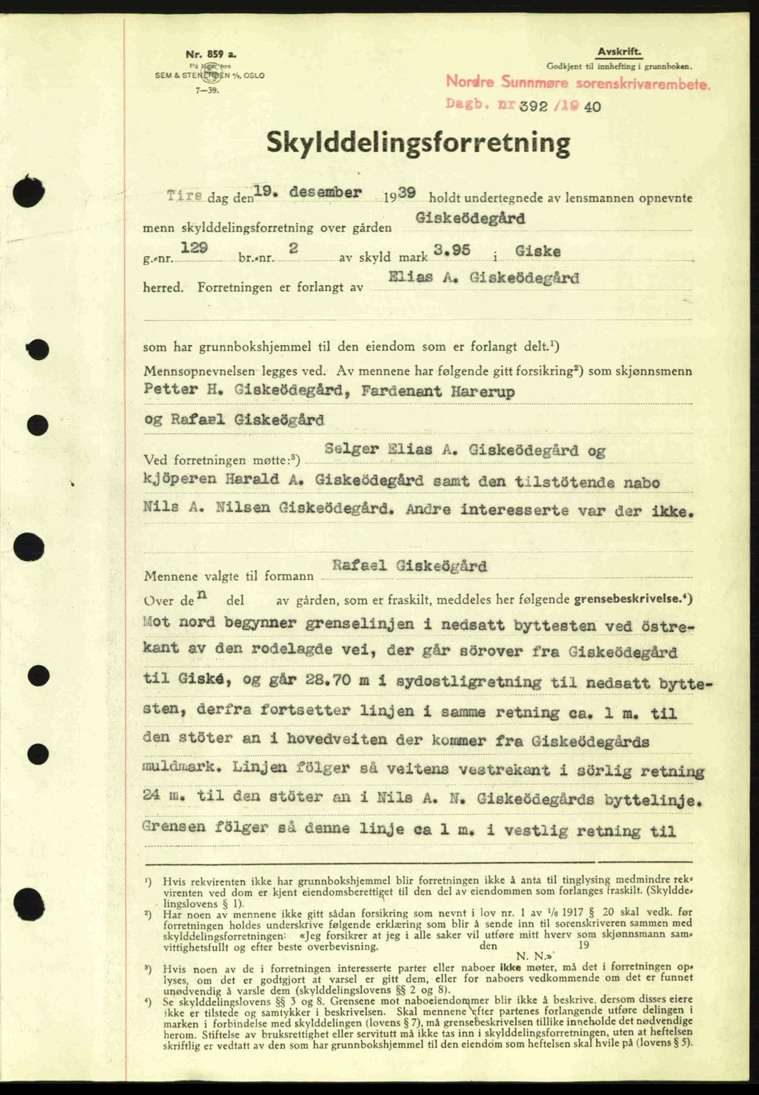 Nordre Sunnmøre sorenskriveri, AV/SAT-A-0006/1/2/2C/2Ca: Pantebok nr. A8, 1939-1940, Dagboknr: 392/1940