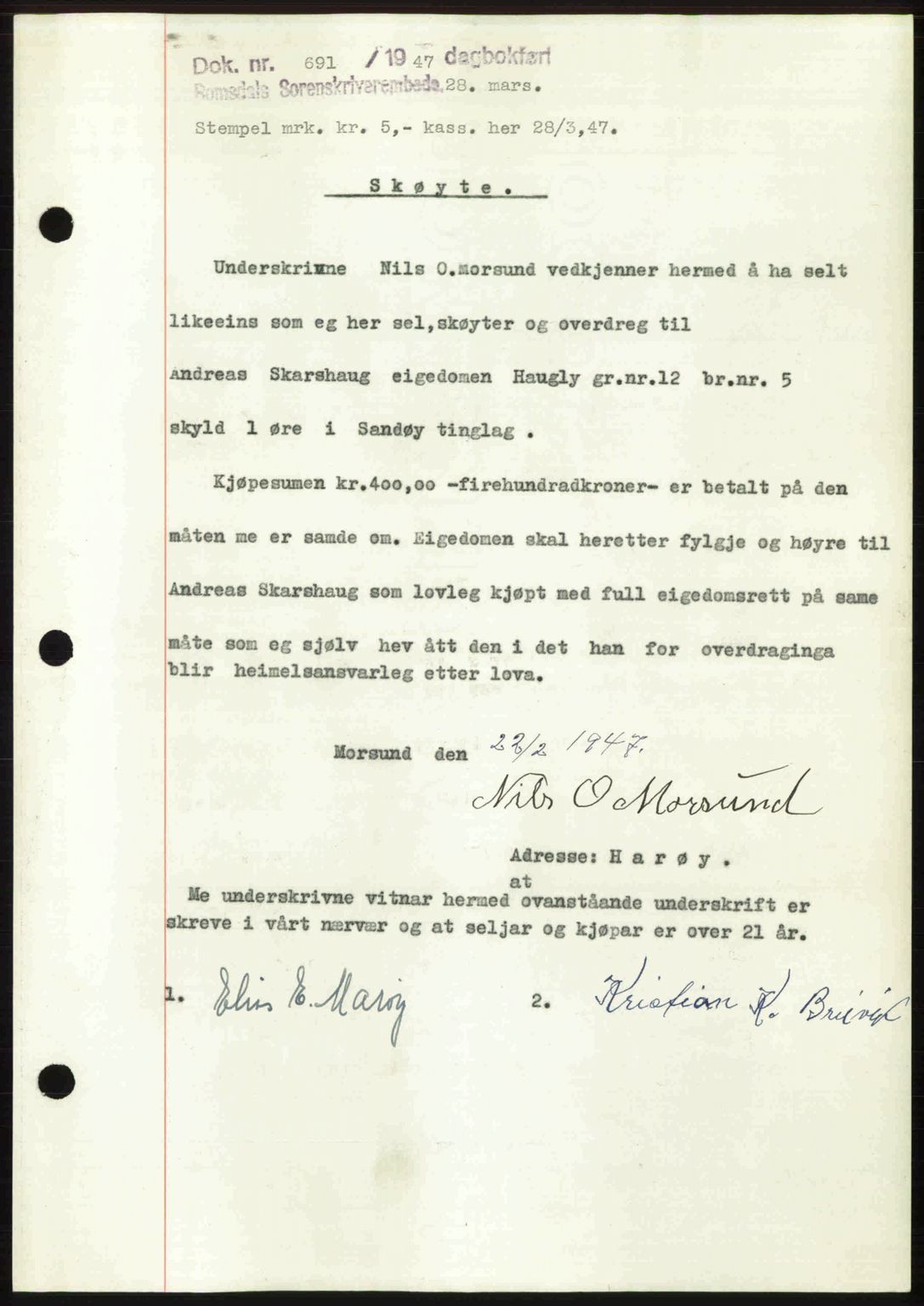 Romsdal sorenskriveri, SAT/A-4149/1/2/2C: Pantebok nr. A22, 1947-1947, Dagboknr: 691/1947