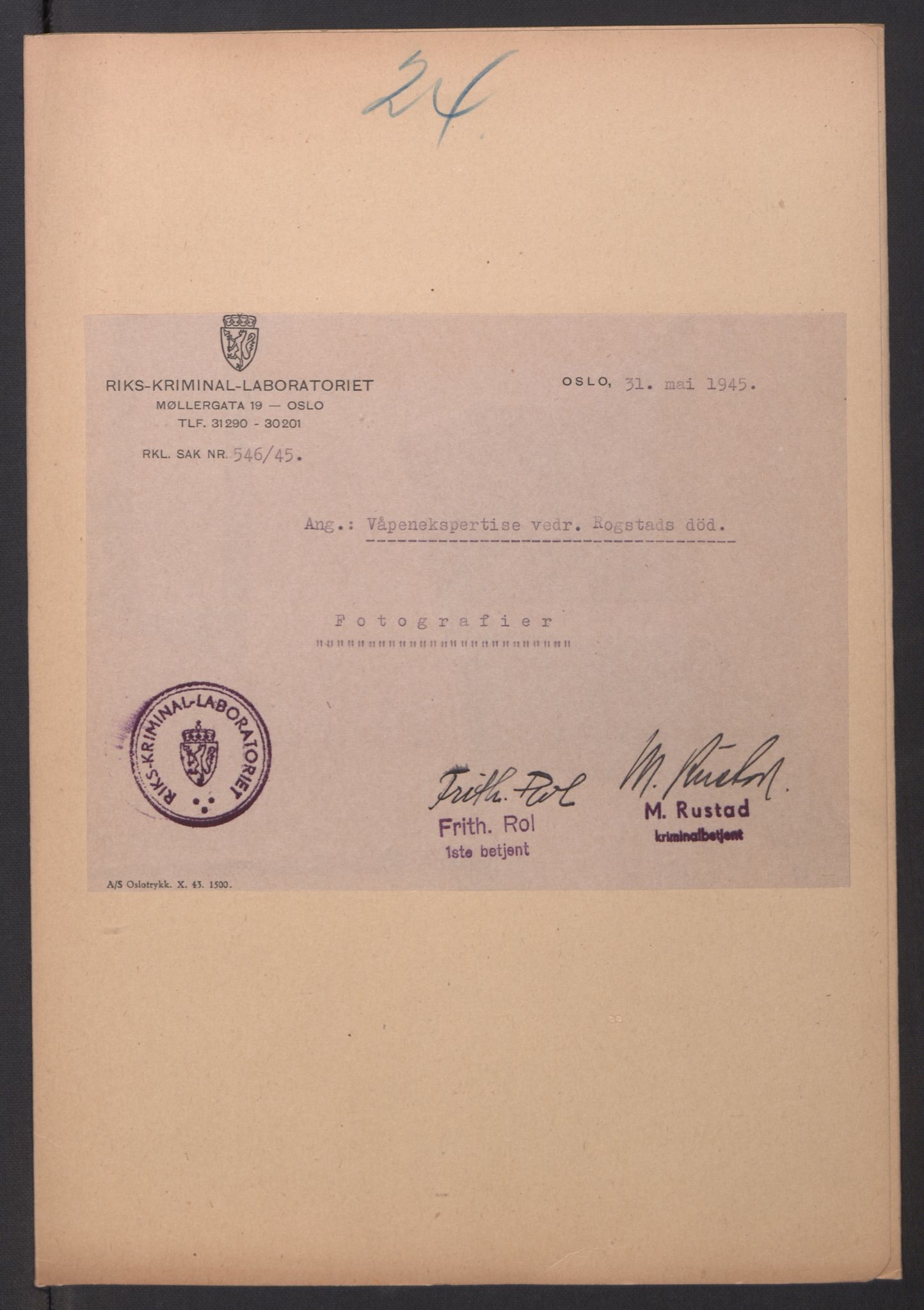 Landssvikarkivet, Oslo politikammer, AV/RA-S-3138-01/D/Dp/L0093/0015: B-sak 3029 - 3048 / Sak 3045, 1945, s. 315