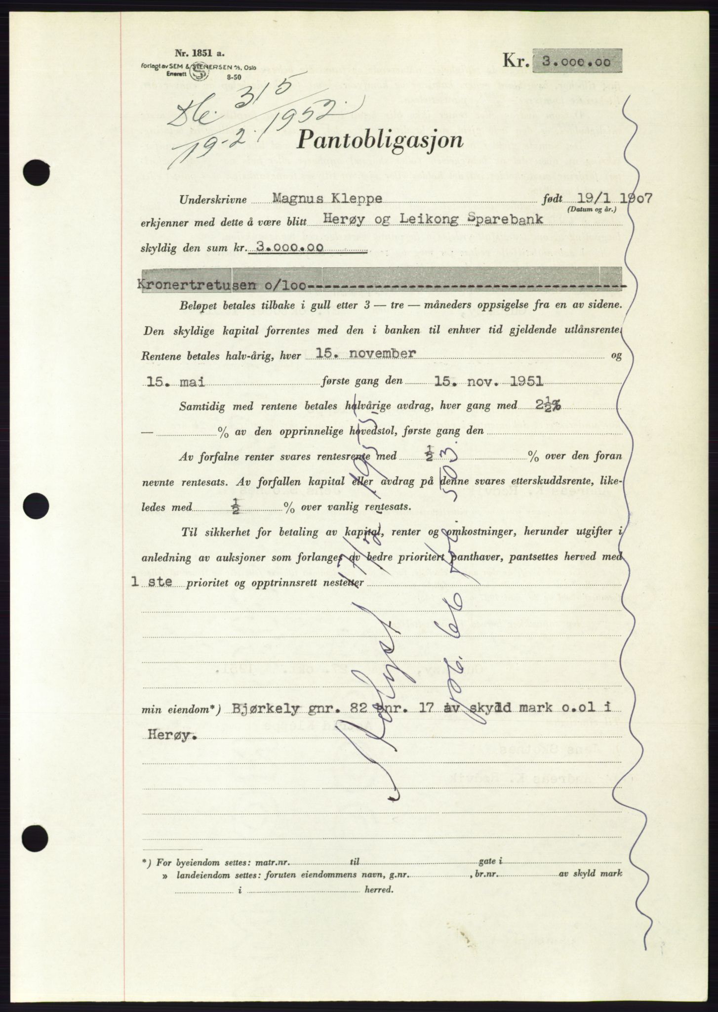 Søre Sunnmøre sorenskriveri, AV/SAT-A-4122/1/2/2C/L0121: Pantebok nr. 9B, 1951-1952, Dagboknr: 315/1952