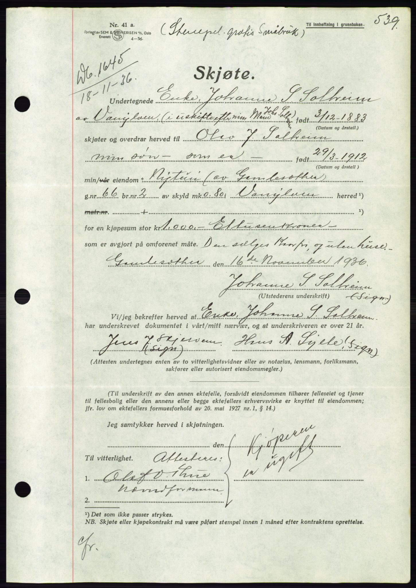 Søre Sunnmøre sorenskriveri, AV/SAT-A-4122/1/2/2C/L0061: Pantebok nr. 55, 1936-1936, Dagboknr: 1645/1936