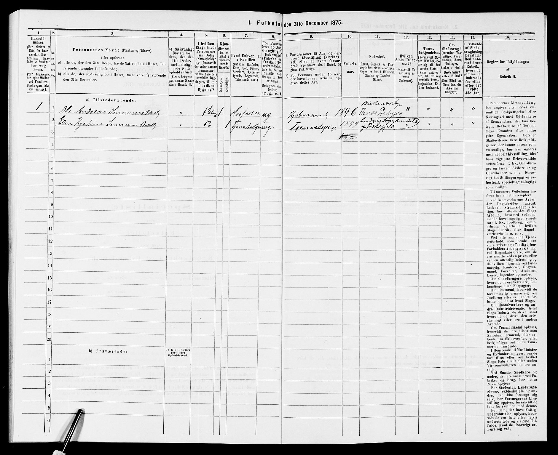 SAK, Folketelling 1875 for 0905B Vestre Moland prestegjeld, Lillesand ladested, 1875, s. 185