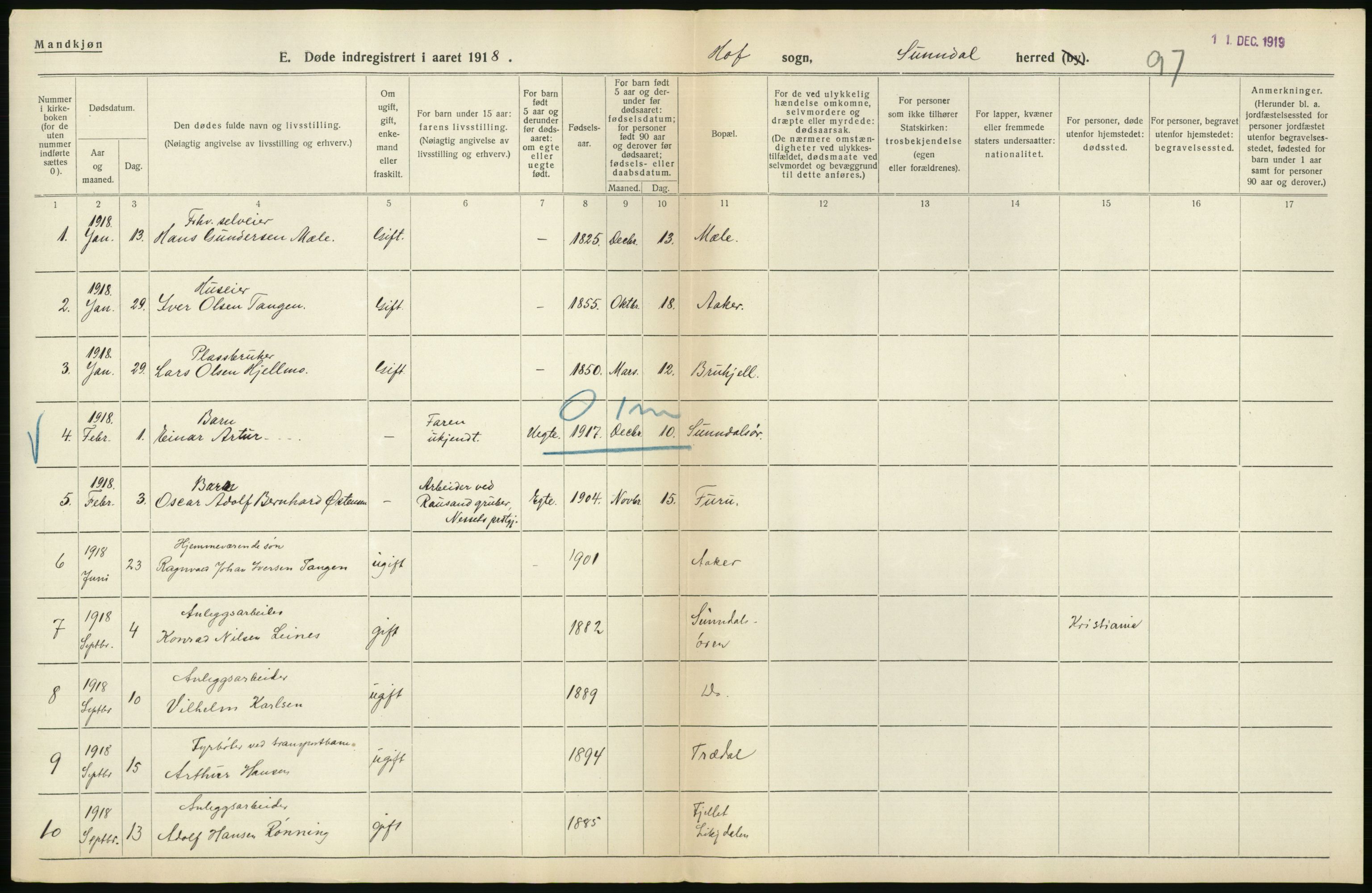 Statistisk sentralbyrå, Sosiodemografiske emner, Befolkning, AV/RA-S-2228/D/Df/Dfb/Dfbh/L0045: Møre fylke: Døde. Bygder og byer., 1918, s. 508