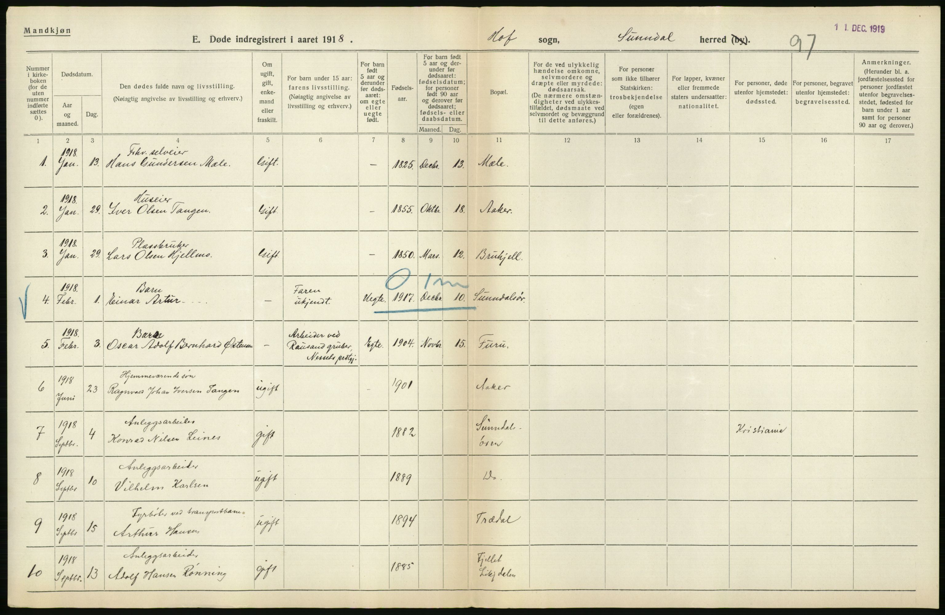 Statistisk sentralbyrå, Sosiodemografiske emner, Befolkning, RA/S-2228/D/Df/Dfb/Dfbh/L0045: Møre fylke: Døde. Bygder og byer., 1918, s. 508