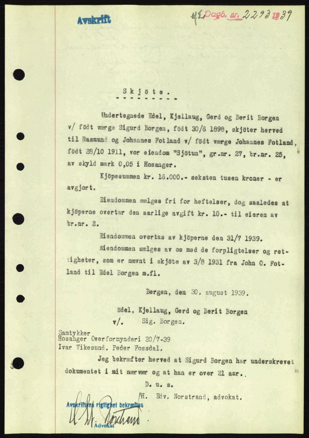 Nordhordland sorenskrivar, SAB/A-2901/1/G/Gb/Gbf/L0010: Pantebok nr. A10, 1939-1940, Dagboknr: 2293/1939