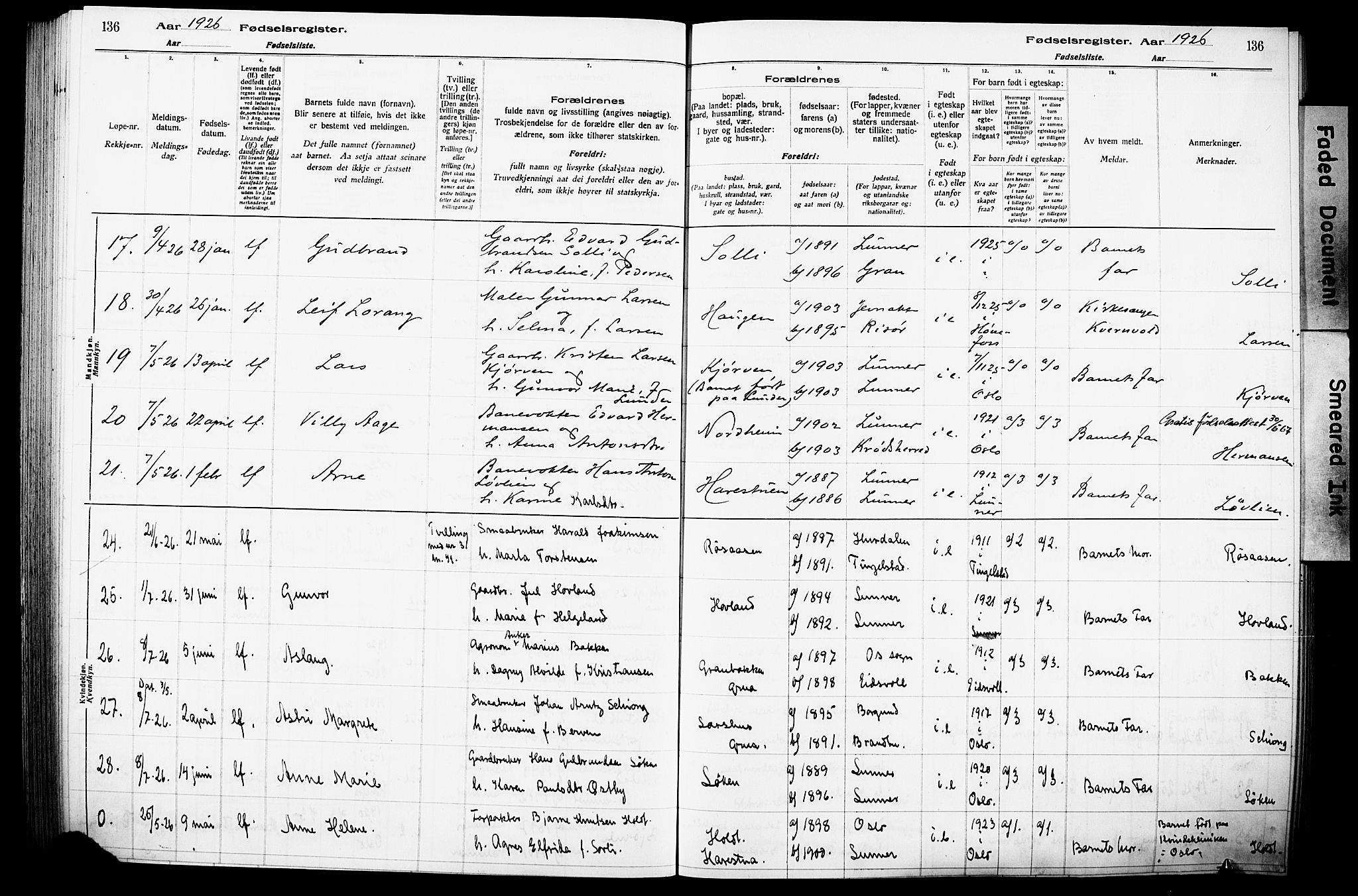 Lunner prestekontor, SAH/PREST-118/I/Id/L0001: Fødselsregister nr. 1, 1916-1932, s. 136