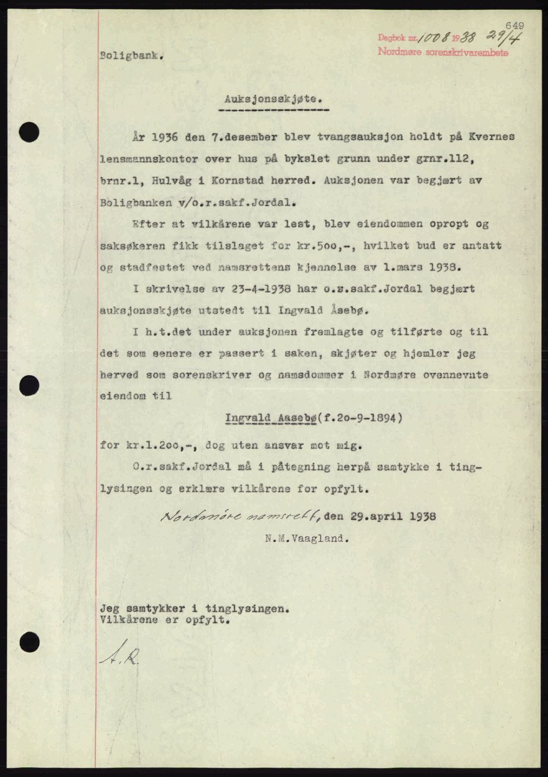 Nordmøre sorenskriveri, SAT/A-4132/1/2/2Ca: Pantebok nr. A83, 1938-1938, Dagboknr: 1008/1938