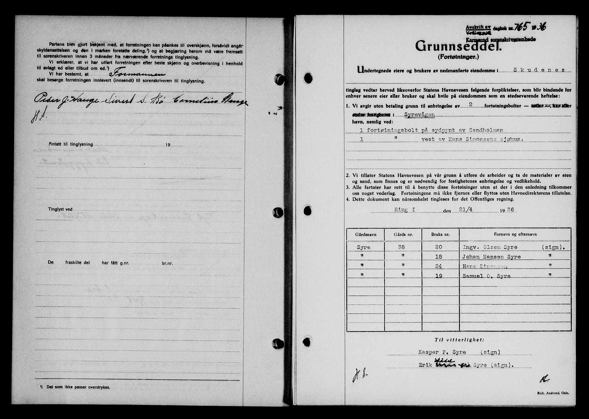 Karmsund sorenskriveri, SAST/A-100311/01/II/IIB/L0066: Pantebok nr. 47A, 1936-1936, Dagboknr: 765/1936