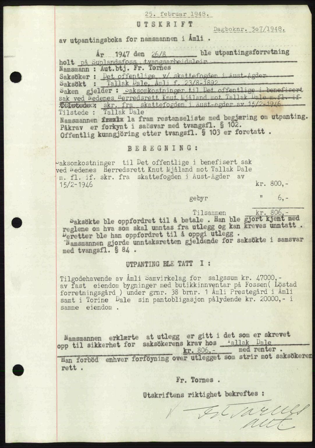 Nedenes sorenskriveri, SAK/1221-0006/G/Gb/Gba/L0058: Pantebok nr. A10, 1947-1948, Dagboknr: 307/1948