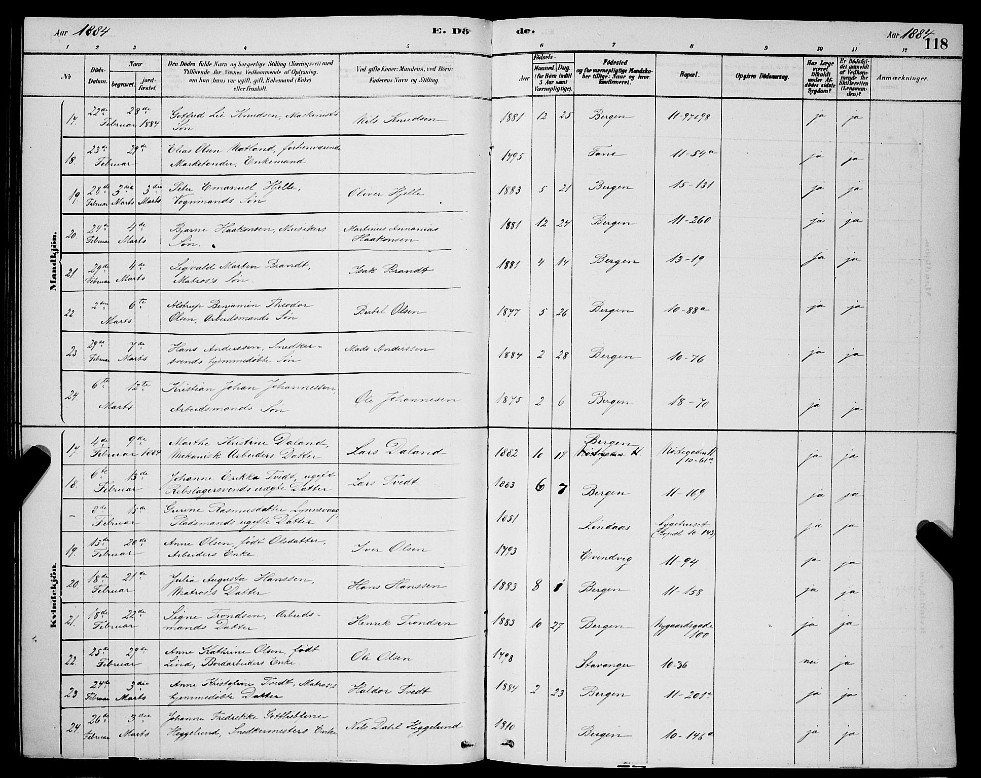 Domkirken sokneprestembete, AV/SAB-A-74801/H/Hab/L0041: Klokkerbok nr. E 5, 1878-1900, s. 118