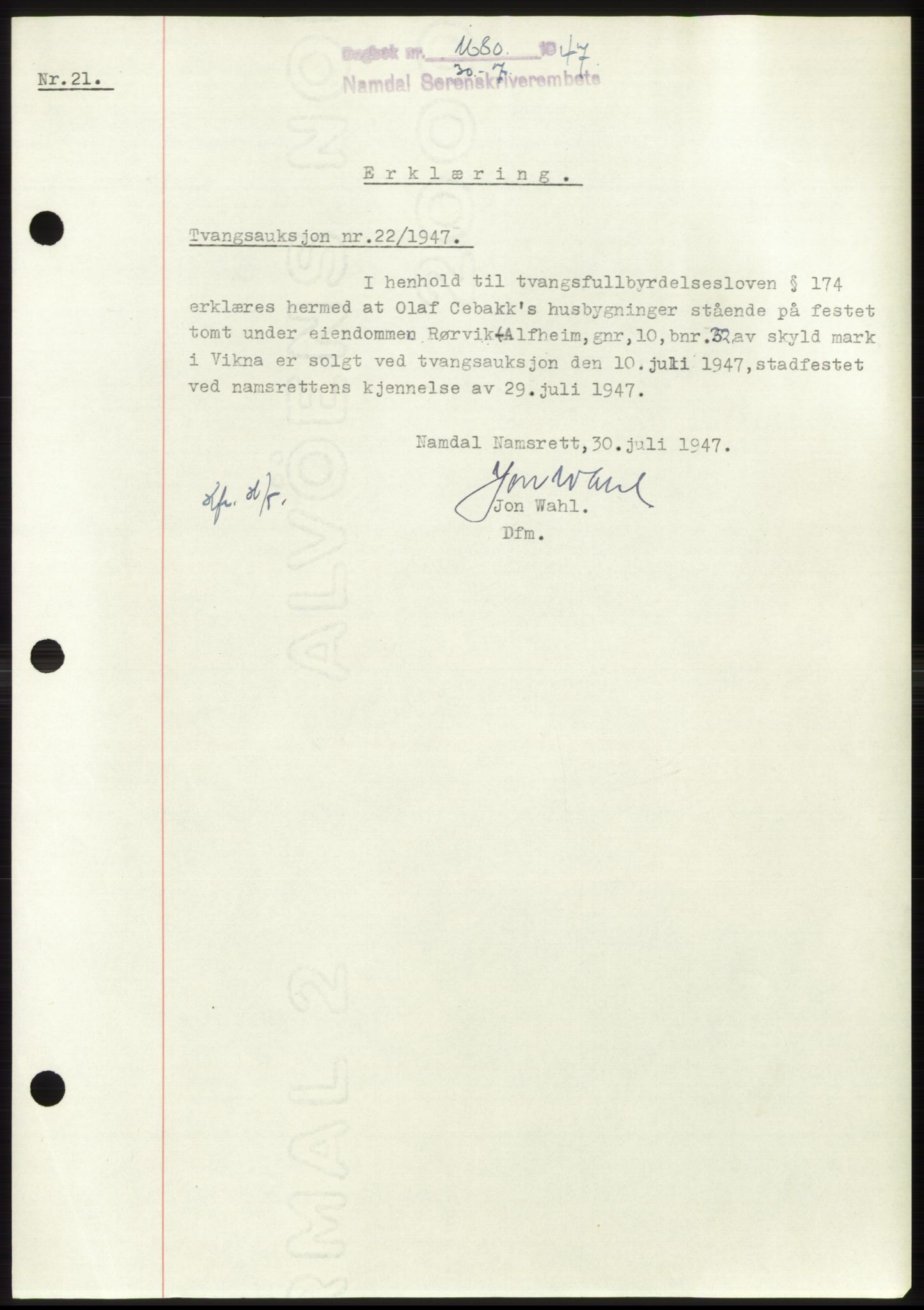 Namdal sorenskriveri, SAT/A-4133/1/2/2C: Pantebok nr. -, 1947-1947, Dagboknr: 1680/1947
