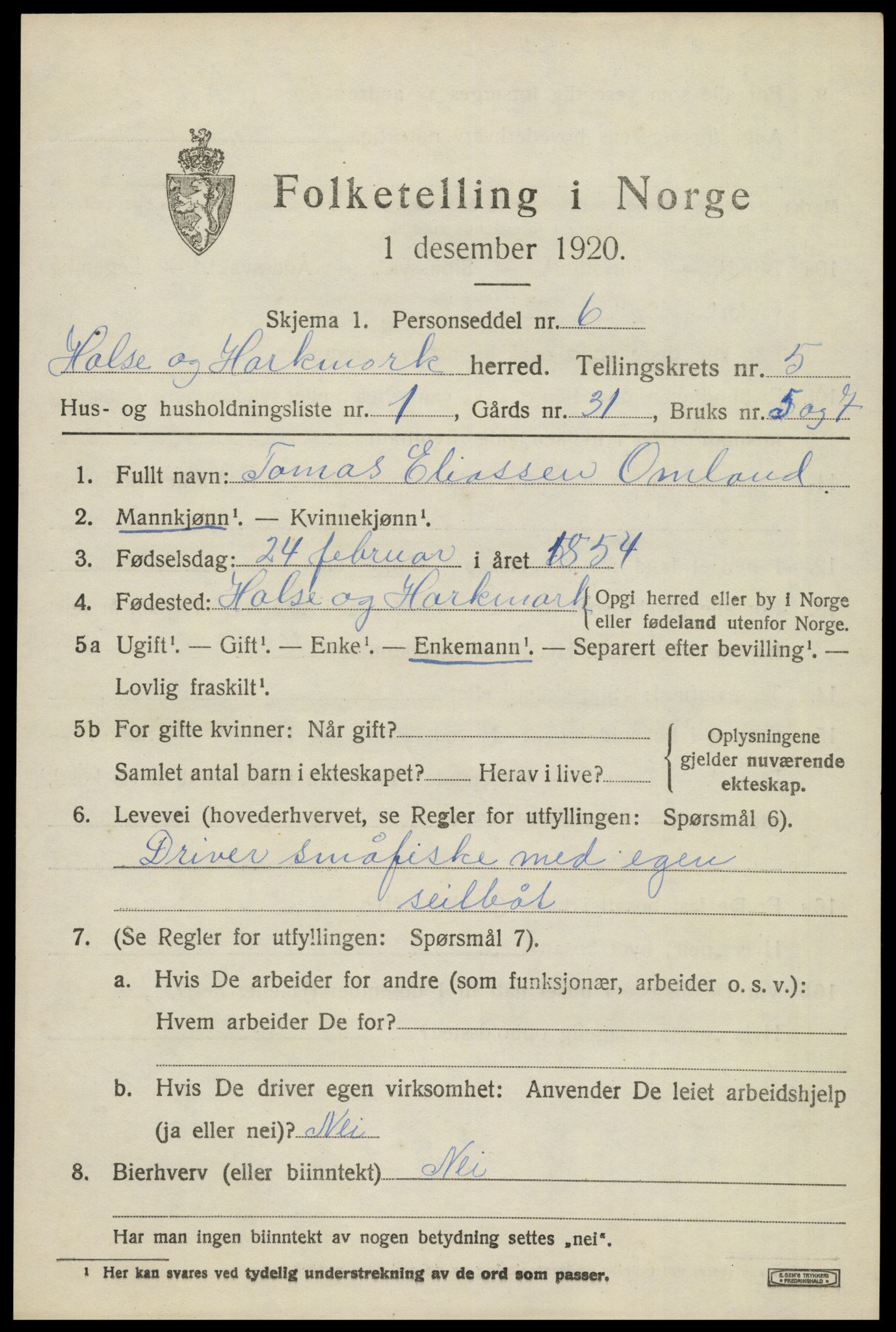 SAK, Folketelling 1920 for 1019 Halse og Harkmark herred, 1920, s. 3050