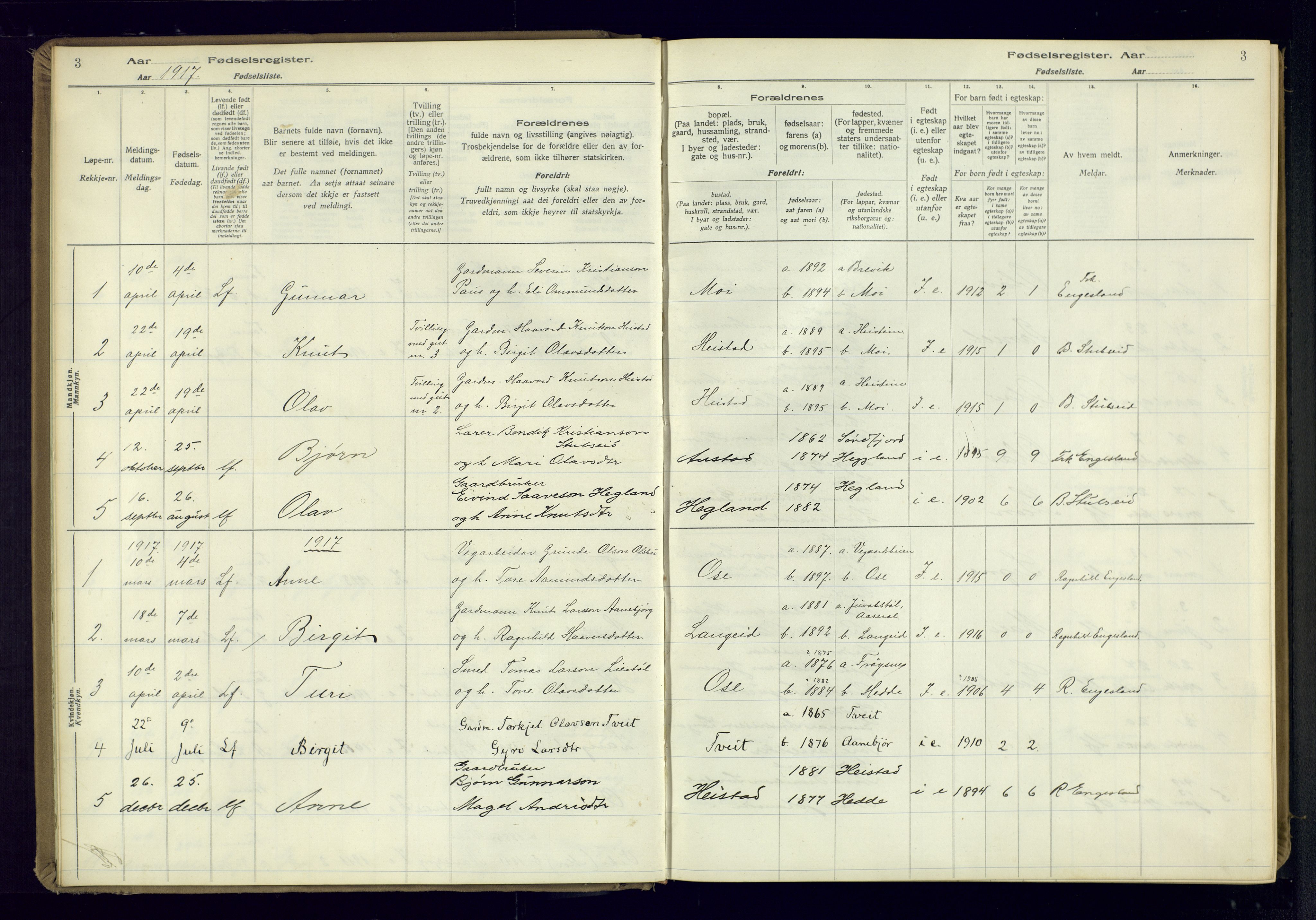 Bygland sokneprestkontor, SAK/1111-0006/J/Ja/L0002: Fødselsregister nr. II.4.3, 1916-1982, s. 3