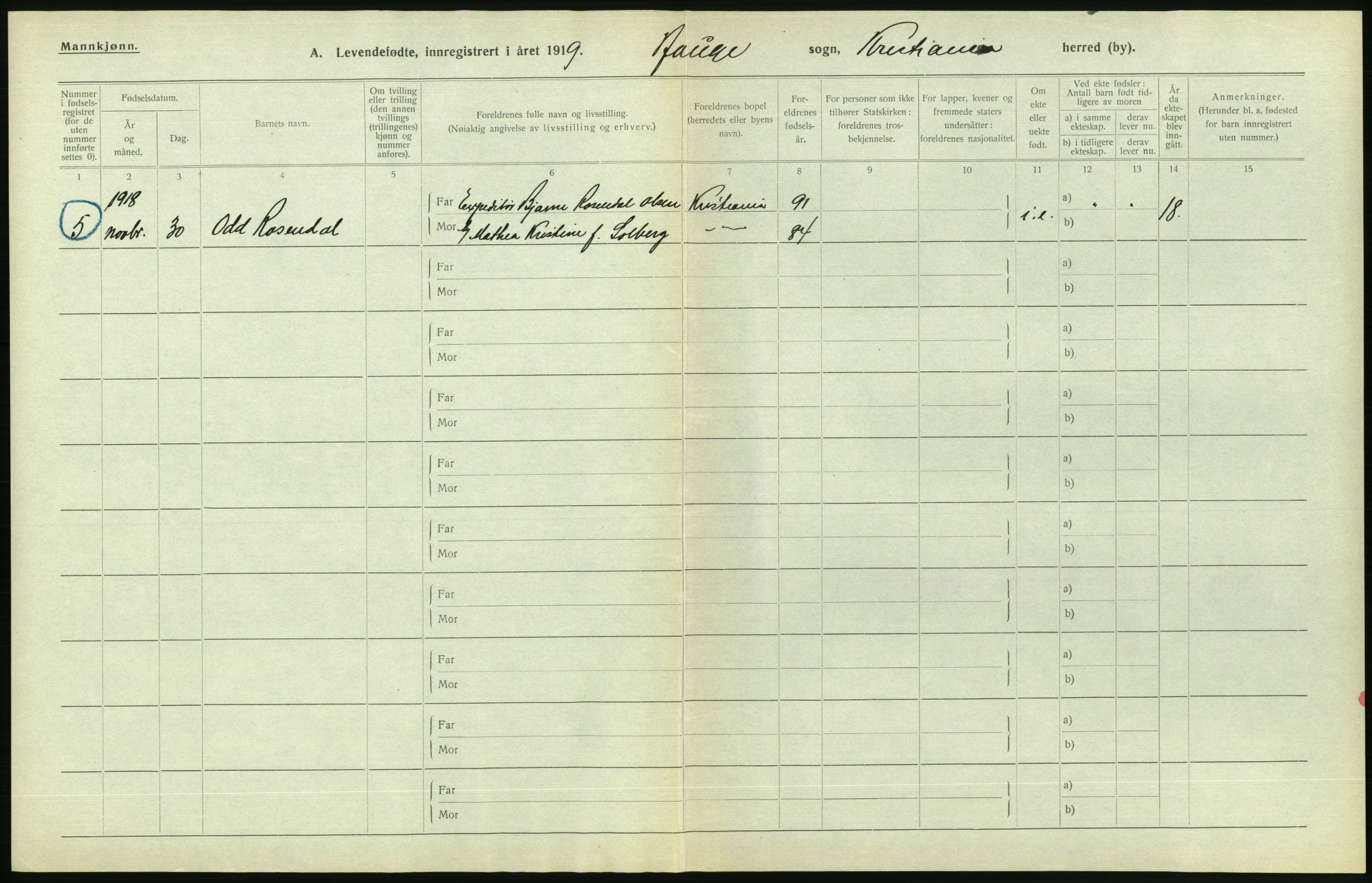 Statistisk sentralbyrå, Sosiodemografiske emner, Befolkning, AV/RA-S-2228/D/Df/Dfb/Dfbi/L0008: Kristiania: Levendefødte menn og kvinner., 1919