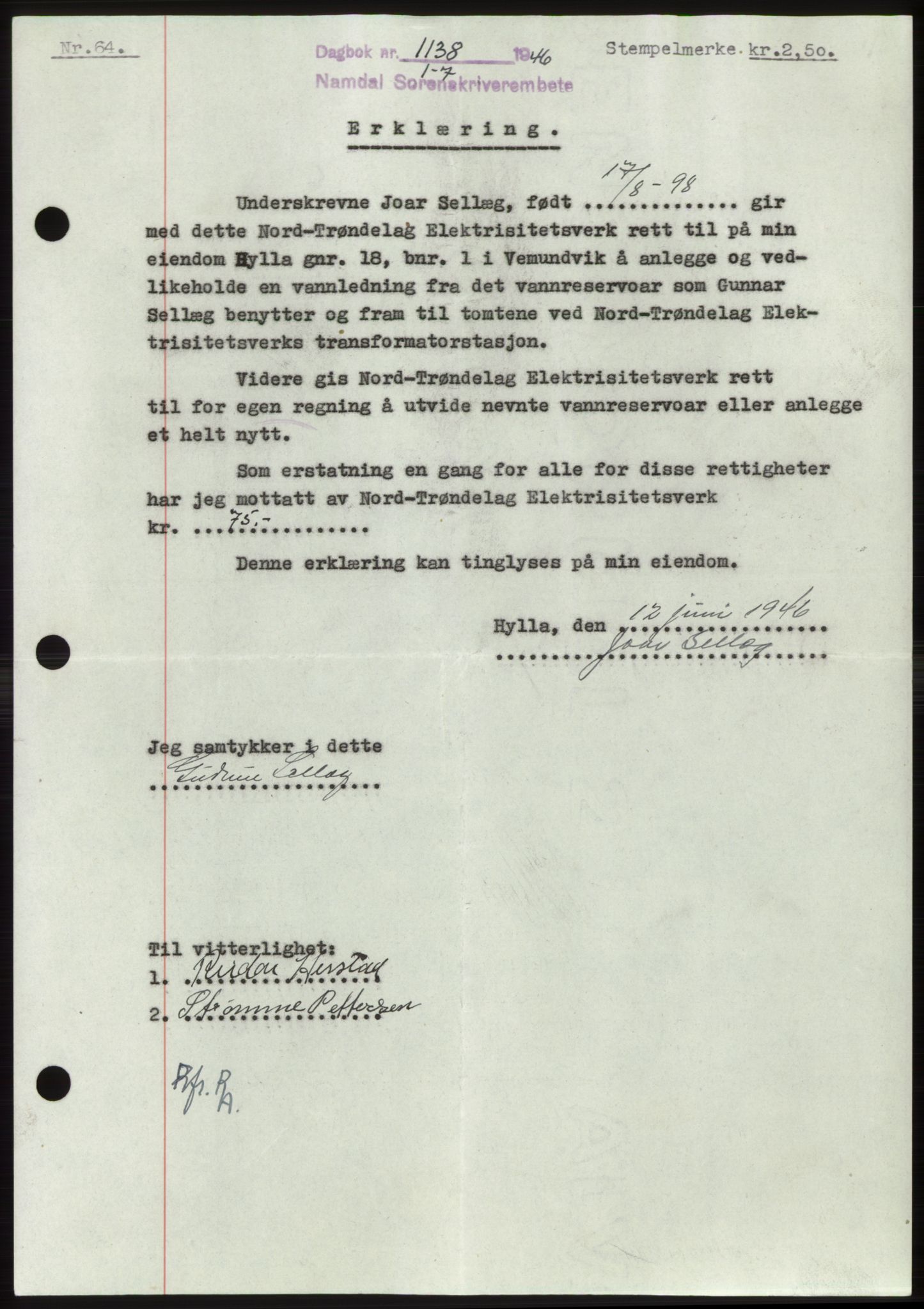 Namdal sorenskriveri, SAT/A-4133/1/2/2C: Pantebok nr. -, 1946-1946, Dagboknr: 1138/1946