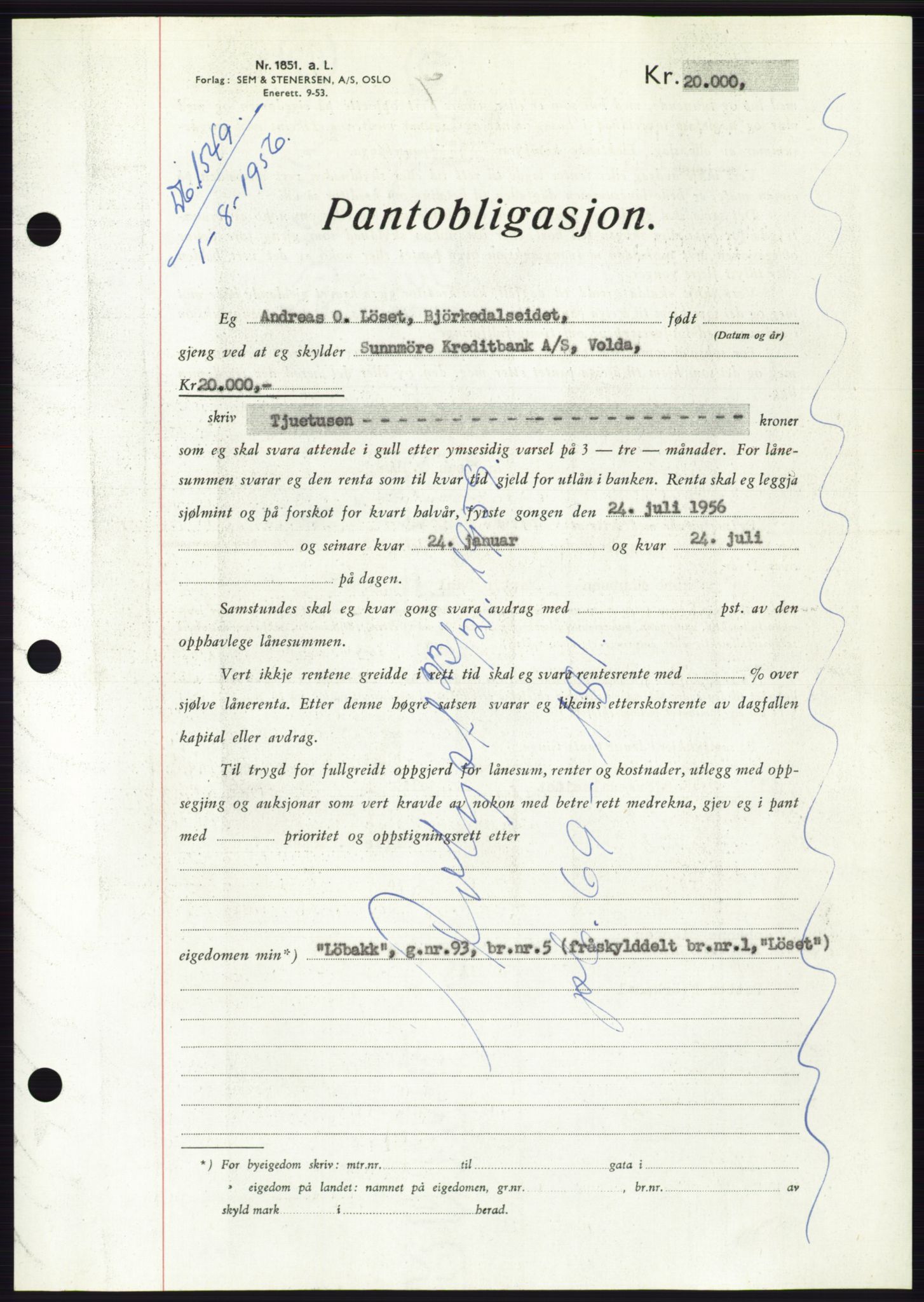 Søre Sunnmøre sorenskriveri, SAT/A-4122/1/2/2C/L0128: Pantebok nr. 16B, 1956-1956, Dagboknr: 1549/1956