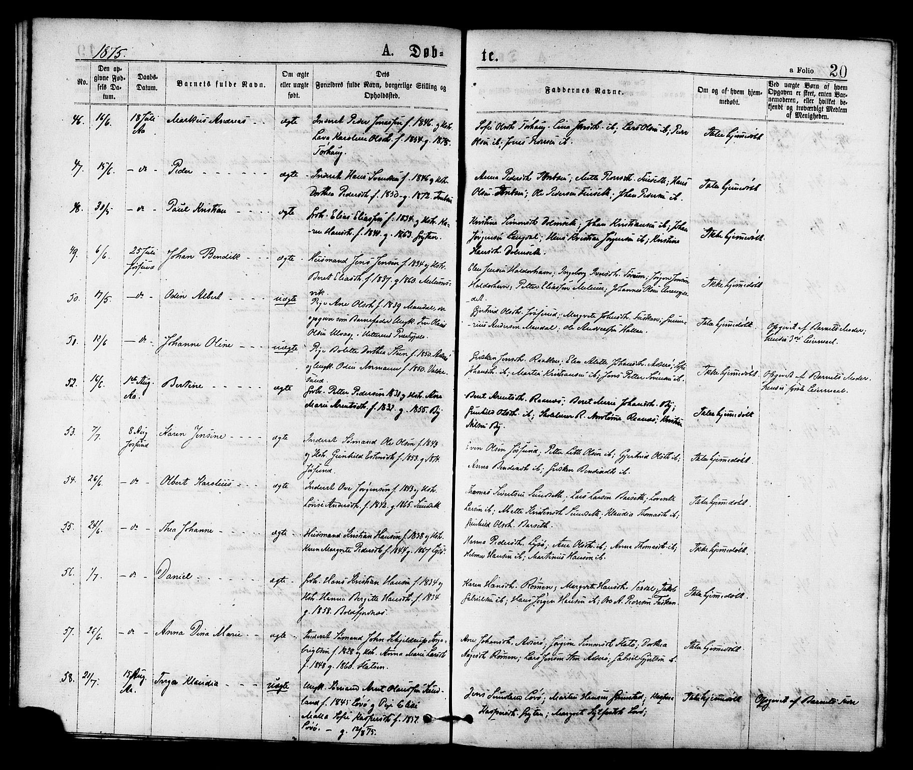 Ministerialprotokoller, klokkerbøker og fødselsregistre - Sør-Trøndelag, SAT/A-1456/655/L0679: Ministerialbok nr. 655A08, 1873-1879, s. 20