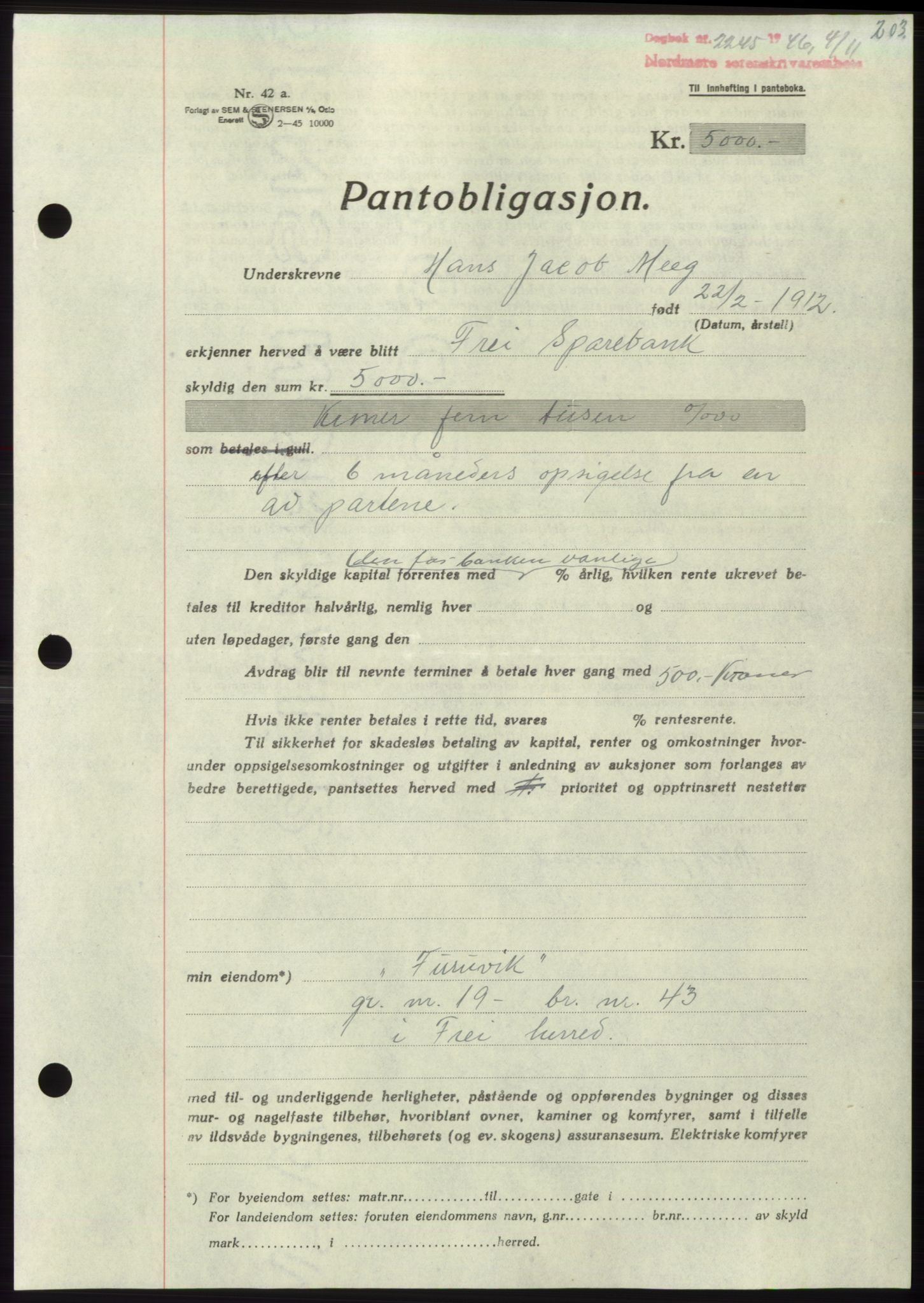 Nordmøre sorenskriveri, SAT/A-4132/1/2/2Ca: Pantebok nr. B95, 1946-1947, Dagboknr: 2245/1946