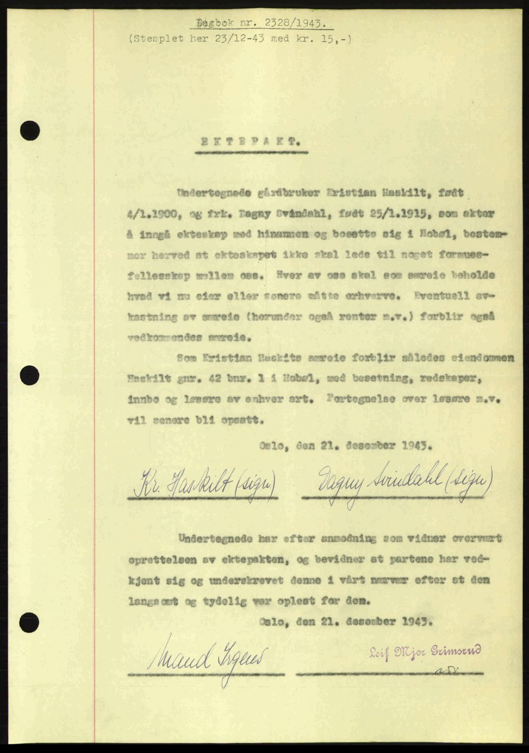 Moss sorenskriveri, SAO/A-10168: Pantebok nr. A12, 1943-1944, Dagboknr: 2328/1943