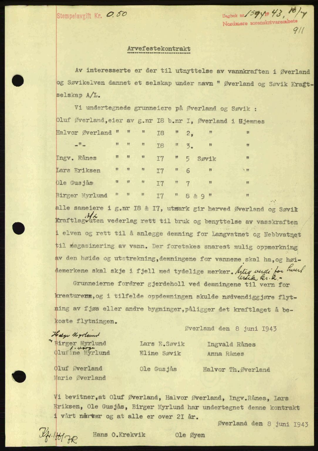 Nordmøre sorenskriveri, SAT/A-4132/1/2/2Ca: Pantebok nr. B90, 1942-1943, Dagboknr: 1594/1943