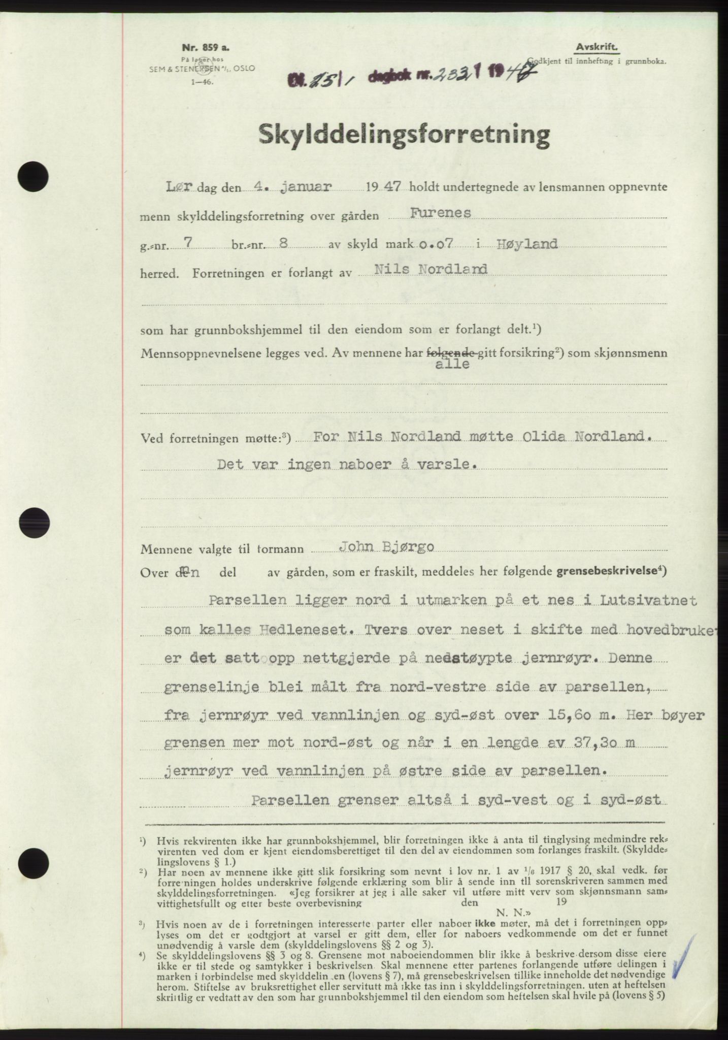 Jæren sorenskriveri, SAST/A-100310/03/G/Gba/L0093: Pantebok, 1947-1947, Dagboknr: 233/1947