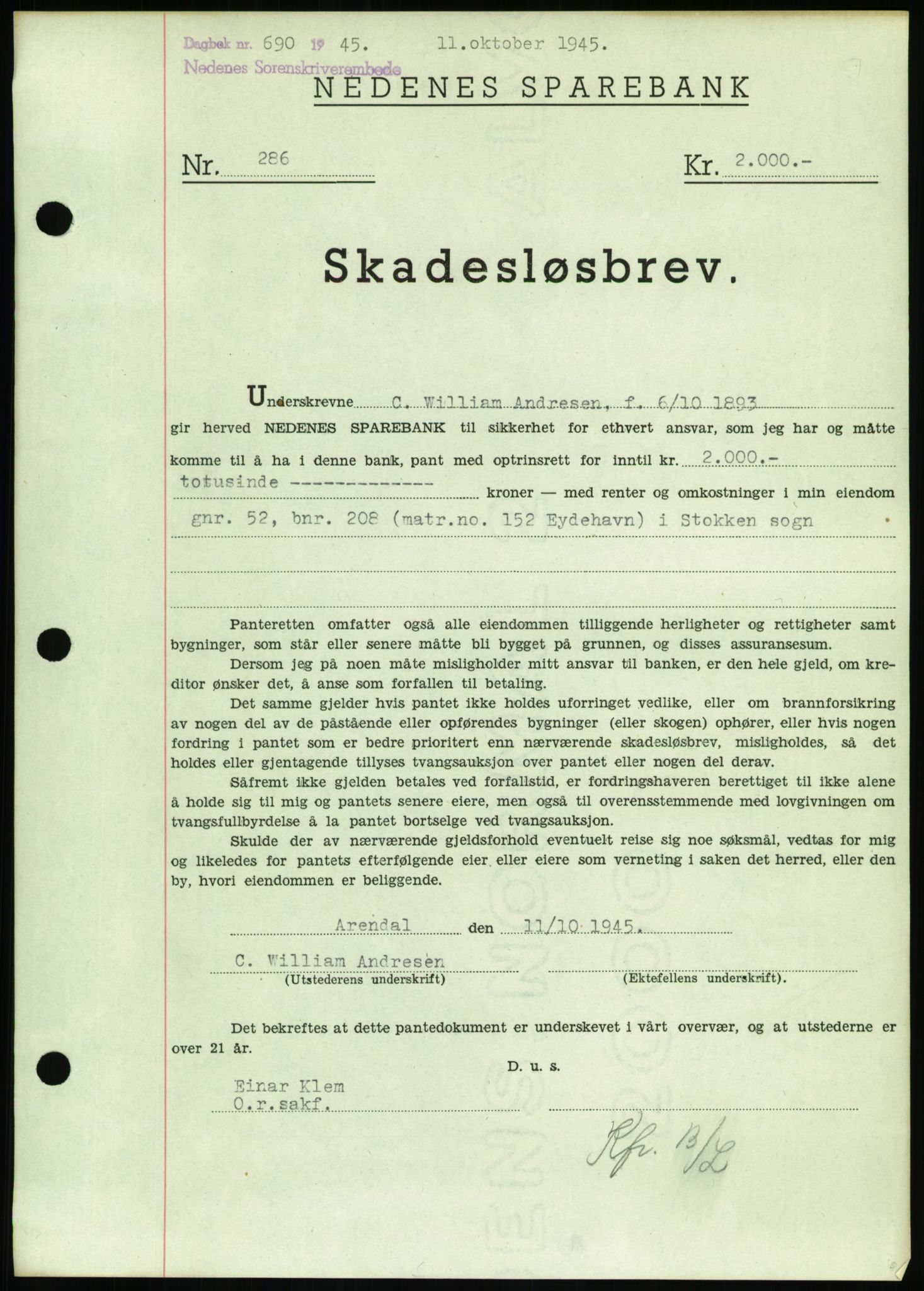 Nedenes sorenskriveri, SAK/1221-0006/G/Gb/Gbb/L0002: Pantebok nr. II, 1942-1945, Dagboknr: 690/1945
