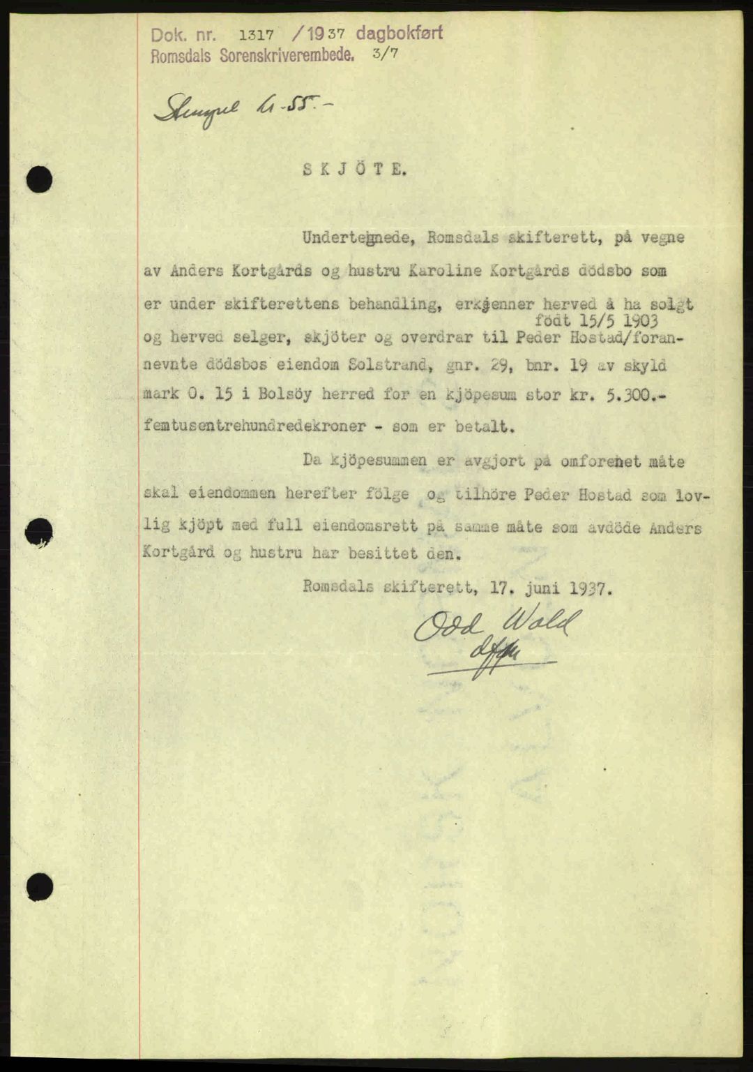 Romsdal sorenskriveri, SAT/A-4149/1/2/2C: Pantebok nr. A3, 1937-1937, Dagboknr: 1317/1937