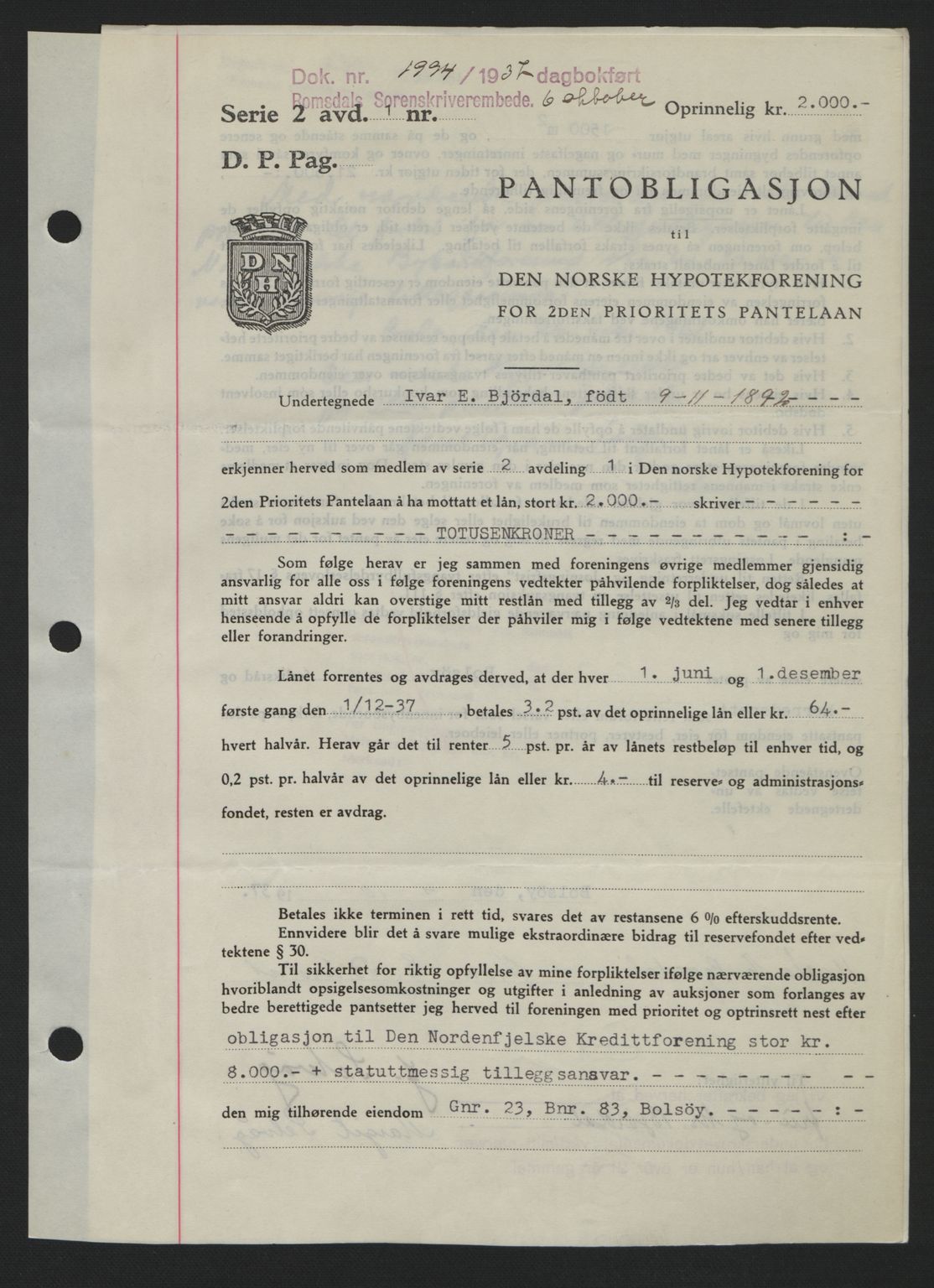 Romsdal sorenskriveri, SAT/A-4149/1/2/2C: Pantebok nr. B1, 1936-1939, Dagboknr: 1994/1937
