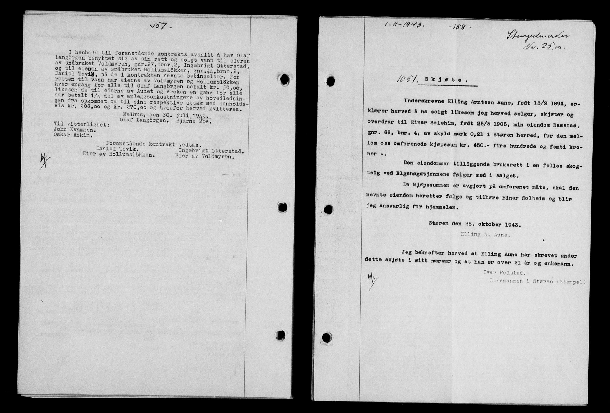 Gauldal sorenskriveri, SAT/A-0014/1/2/2C/L0057: Pantebok nr. 62, 1943-1944, Dagboknr: 1051/1943