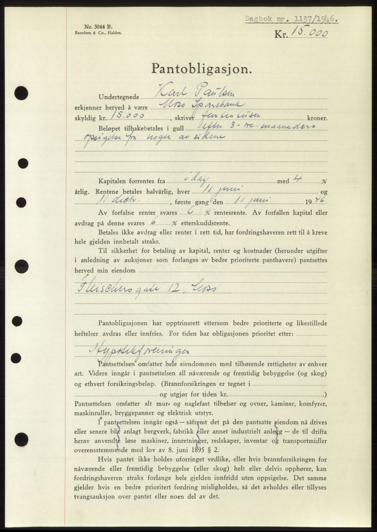 Moss sorenskriveri, SAO/A-10168: Pantebok nr. B15, 1946-1946, Dagboknr: 1137/1946