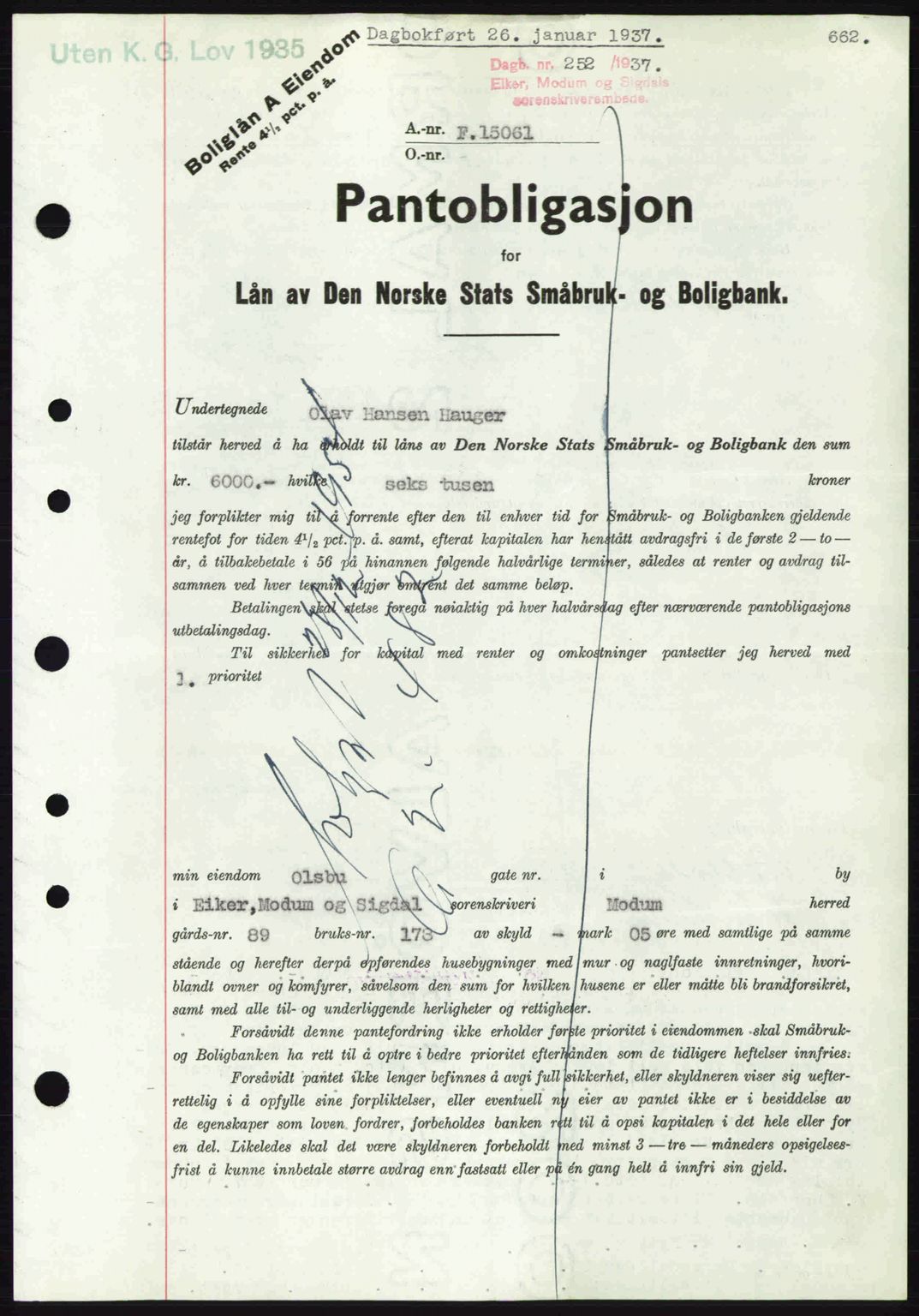 Eiker, Modum og Sigdal sorenskriveri, SAKO/A-123/G/Ga/Gab/L0034: Pantebok nr. A4, 1936-1937, Dagboknr: 252/1937