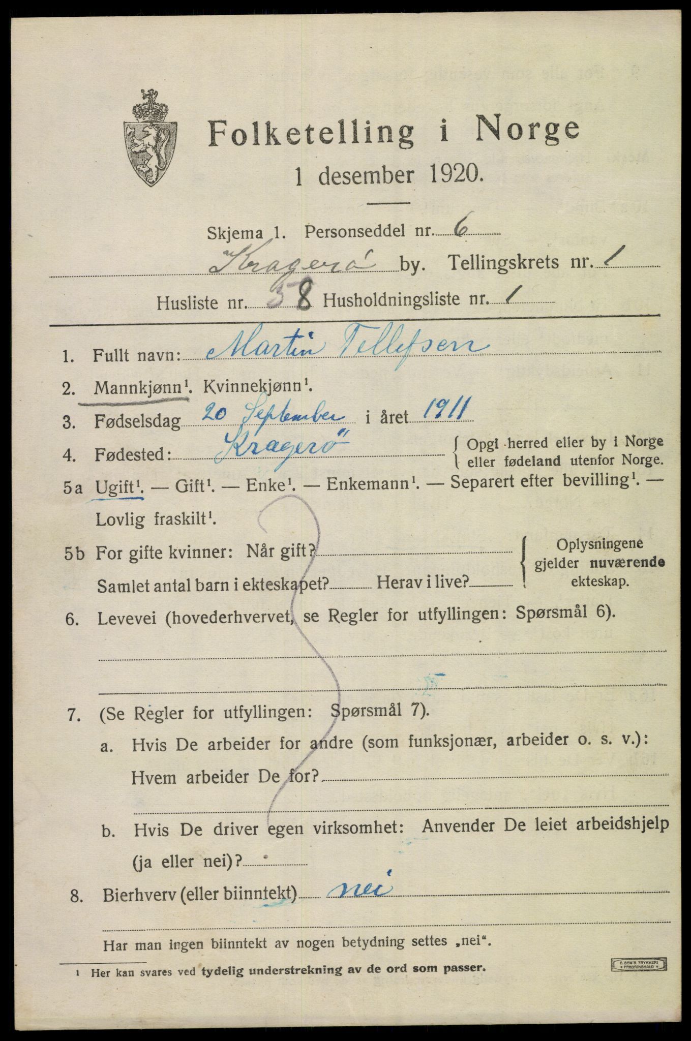SAKO, Folketelling 1920 for 0801 Kragerø kjøpstad, 1920, s. 4915