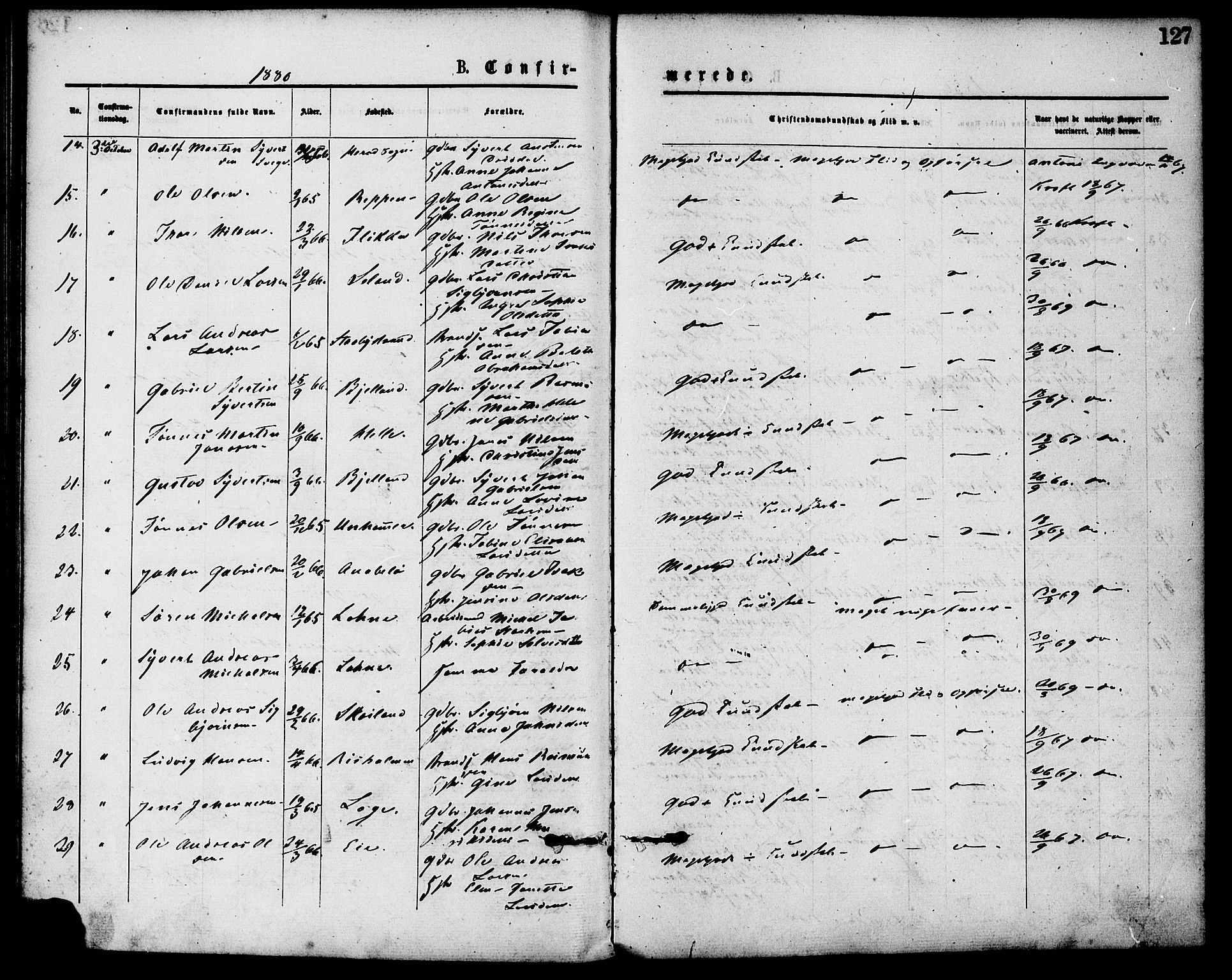 Flekkefjord sokneprestkontor, AV/SAK-1111-0012/F/Fa/Fac/L0007: Ministerialbok nr. A 7, 1875-1885, s. 127