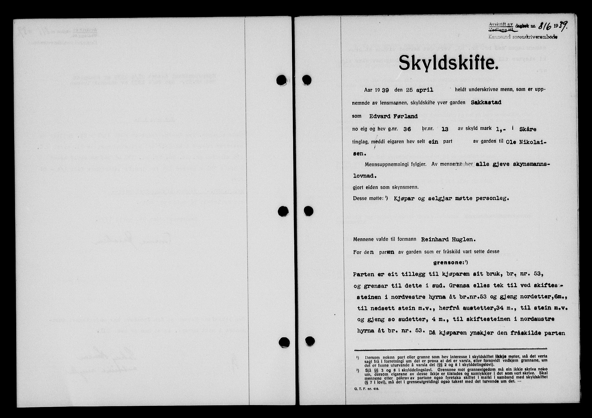 Karmsund sorenskriveri, SAST/A-100311/01/II/IIB/L0071: Pantebok nr. 52A, 1939-1939, Dagboknr: 816/1939