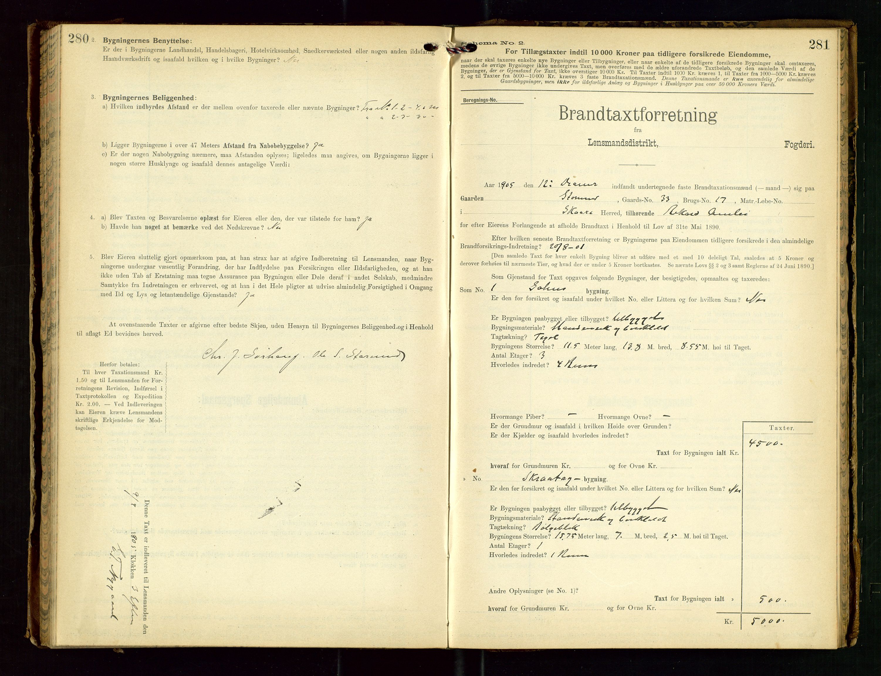 Torvestad lensmannskontor, SAST/A-100307/1/Gob/L0003: "Brandtaxationsprotokol for Torvestad Lensmannsdistrikt", 1905-1909, s. 280-281