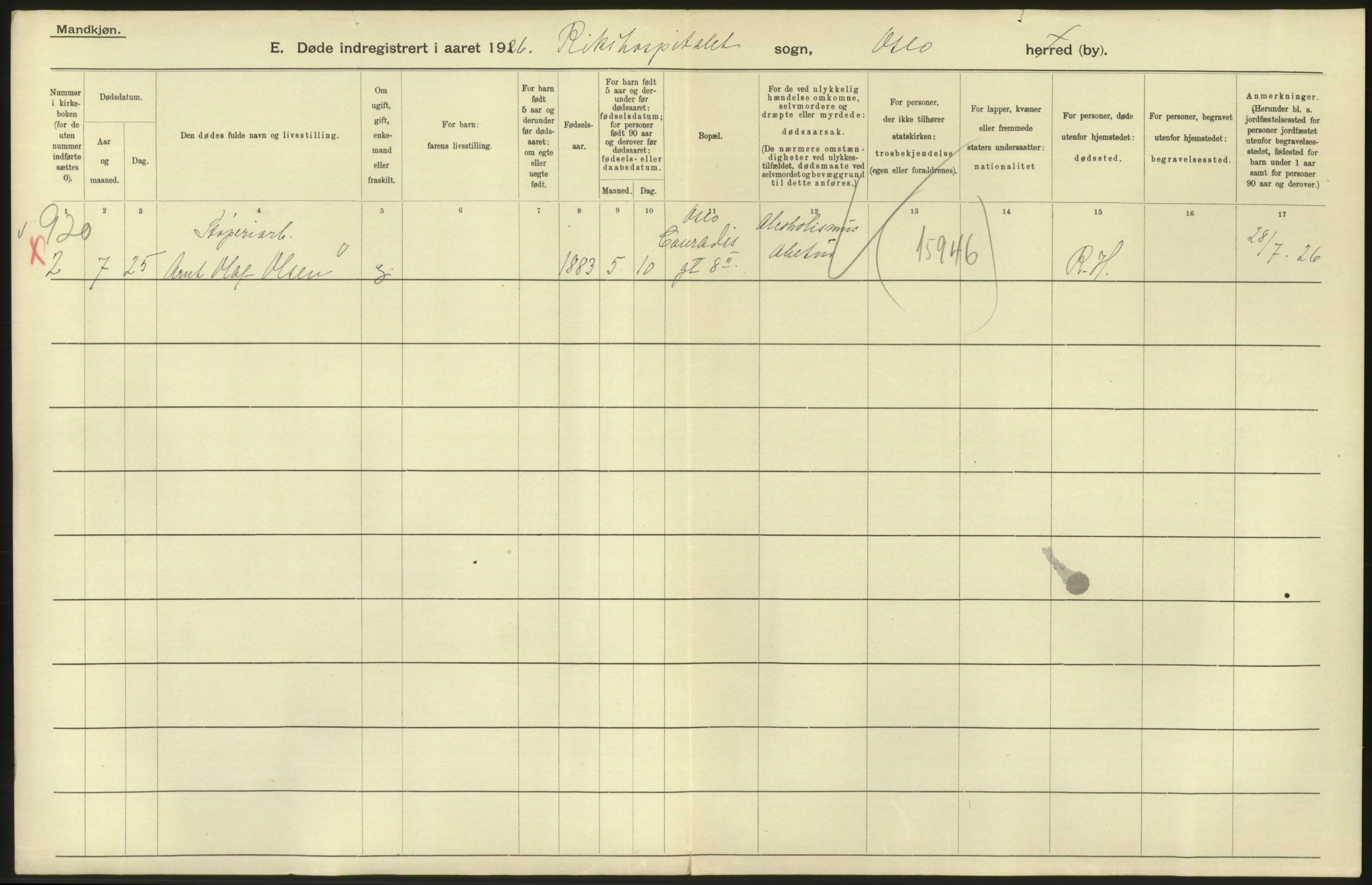 Statistisk sentralbyrå, Sosiodemografiske emner, Befolkning, AV/RA-S-2228/D/Df/Dfc/Dfcf/L0009: Oslo: Døde menn, 1926, s. 618