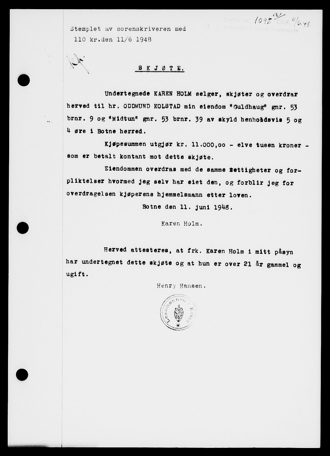 Holmestrand sorenskriveri, SAKO/A-67/G/Ga/Gaa/L0064: Pantebok nr. A-64, 1948-1948, Dagboknr: 1095/1948