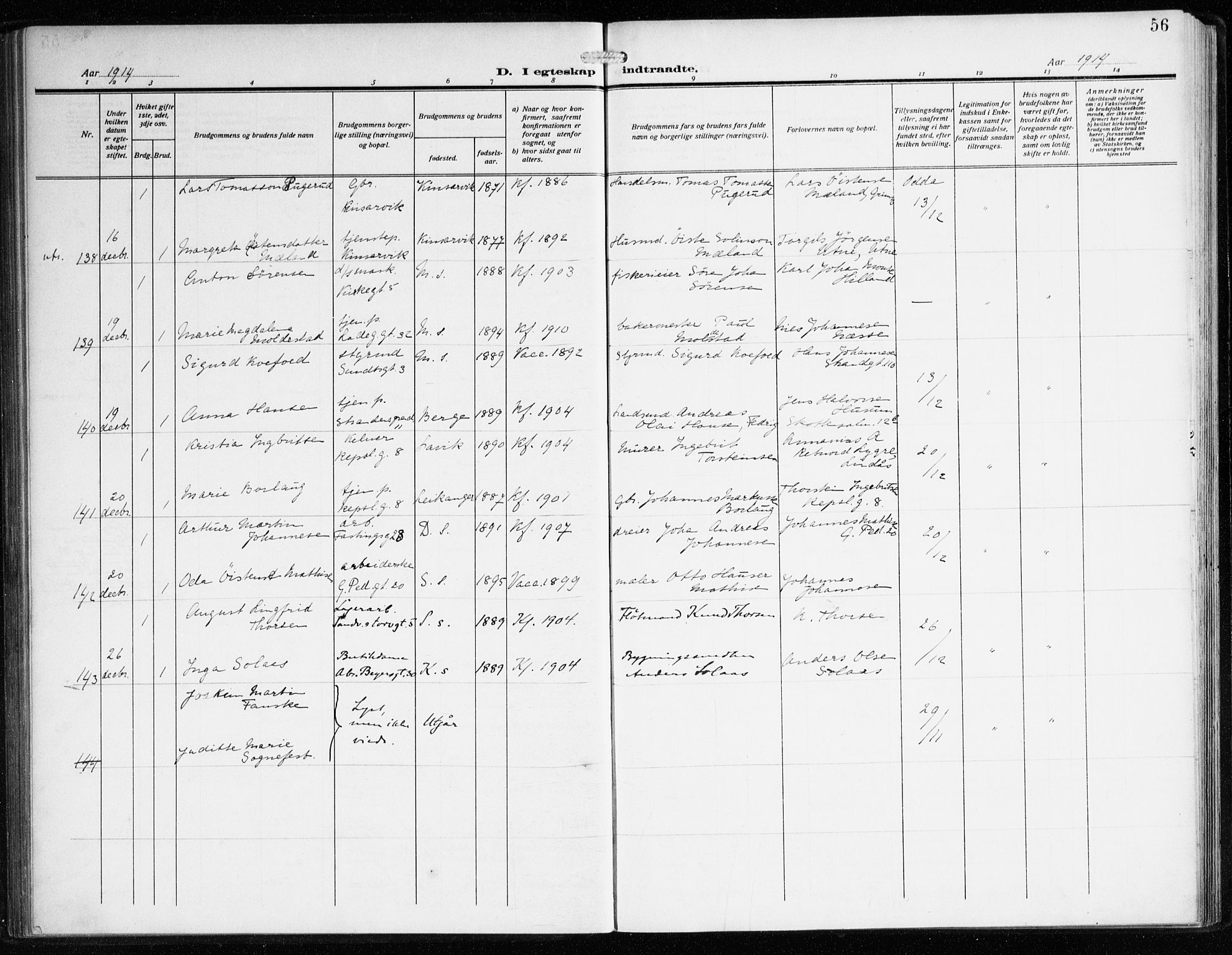 Sandviken Sokneprestembete, AV/SAB-A-77601/H/Ha/L0015: Ministerialbok nr. D 2, 1911-1923, s. 56