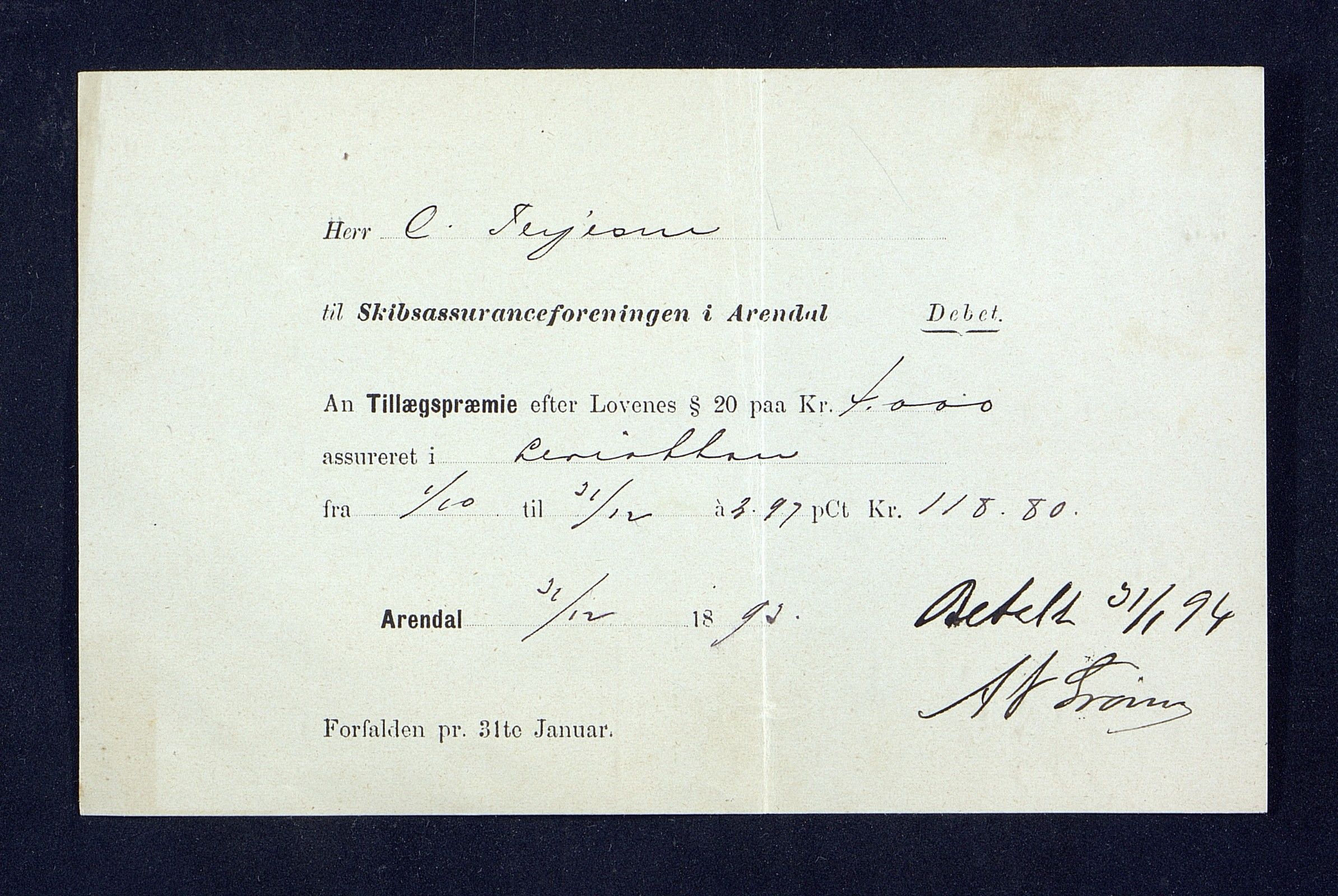 O. Terjesens rederi, AAKS/PA-2525/R/R02/L0001: Regnskapsbilag, 1884-1898