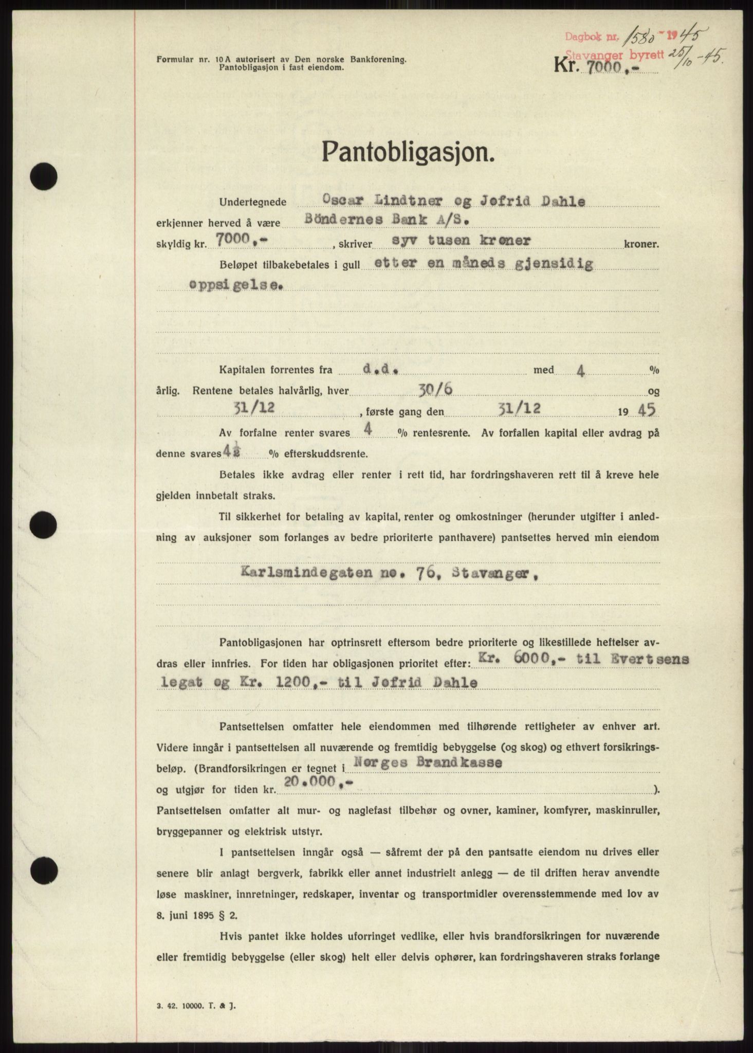 Stavanger byrett, SAST/A-100455/002/G/Gb/L0031: Pantebok, 1943-1947, Dagboknr: 1580/1945