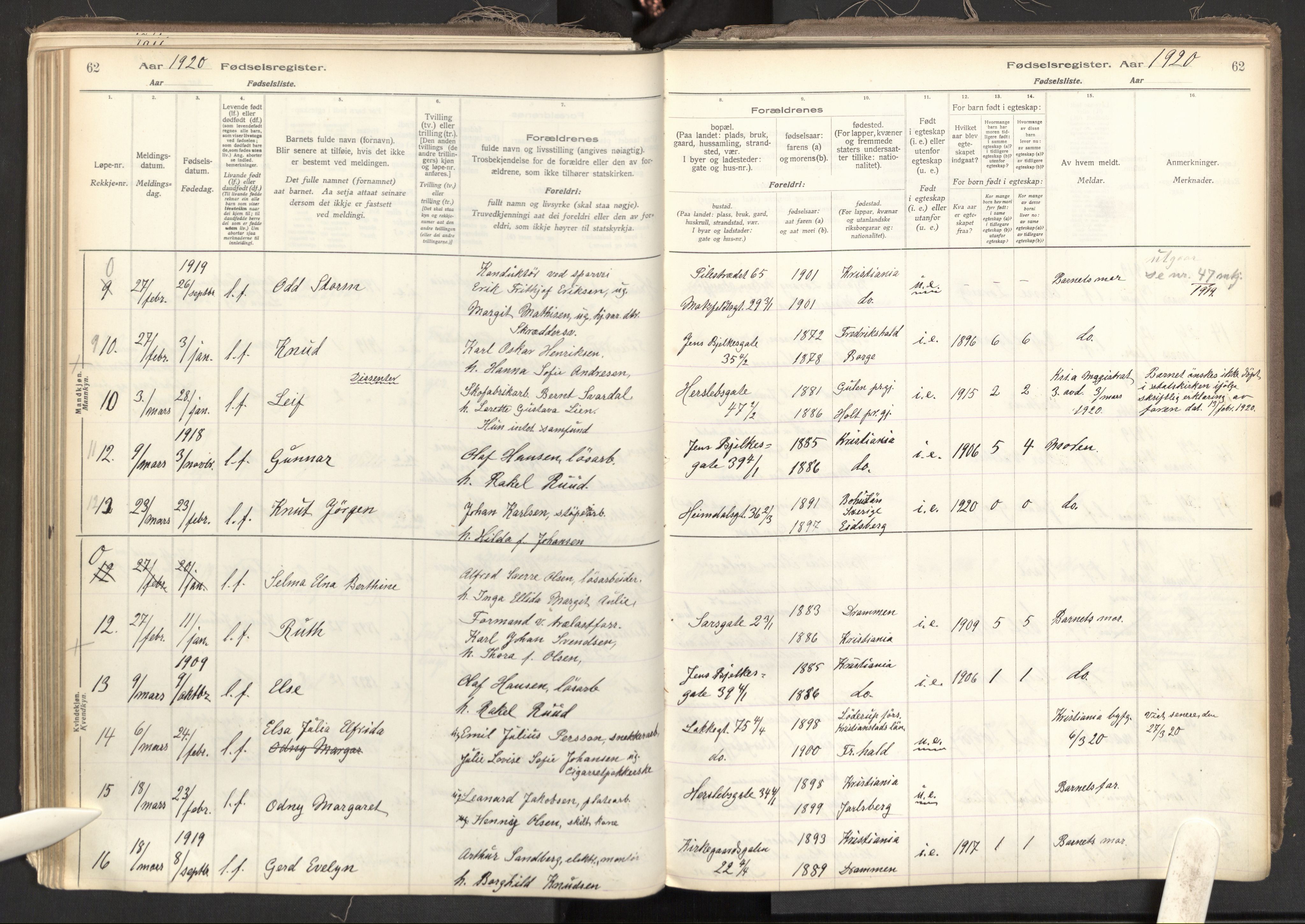 Tøyen prestekontor Kirkebøker, AV/SAO-A-10167a/J/Ja/L0001: Fødselsregister nr. 1, 1916-1944, s. 62