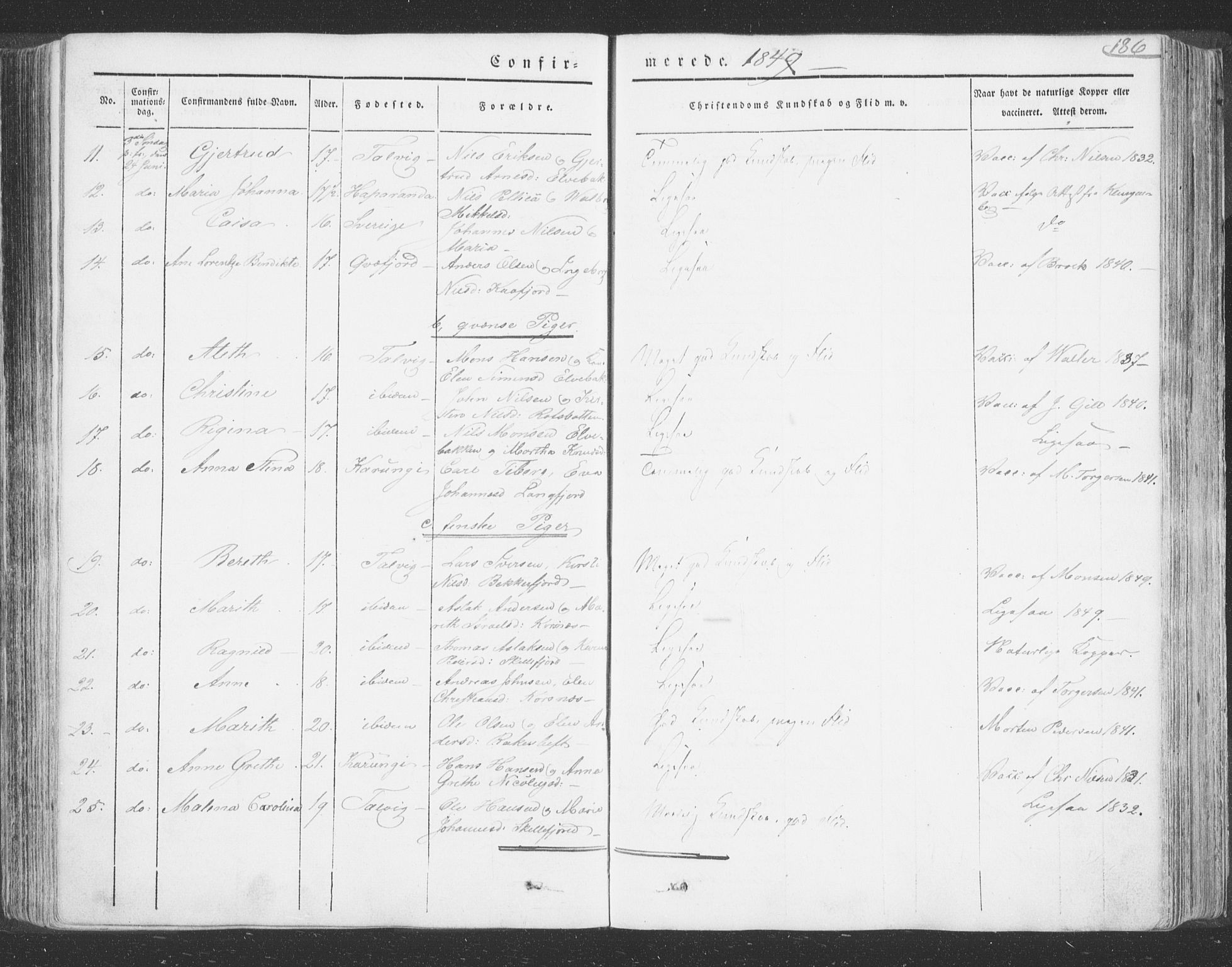 Talvik sokneprestkontor, AV/SATØ-S-1337/H/Ha/L0009kirke: Ministerialbok nr. 9, 1837-1852, s. 186