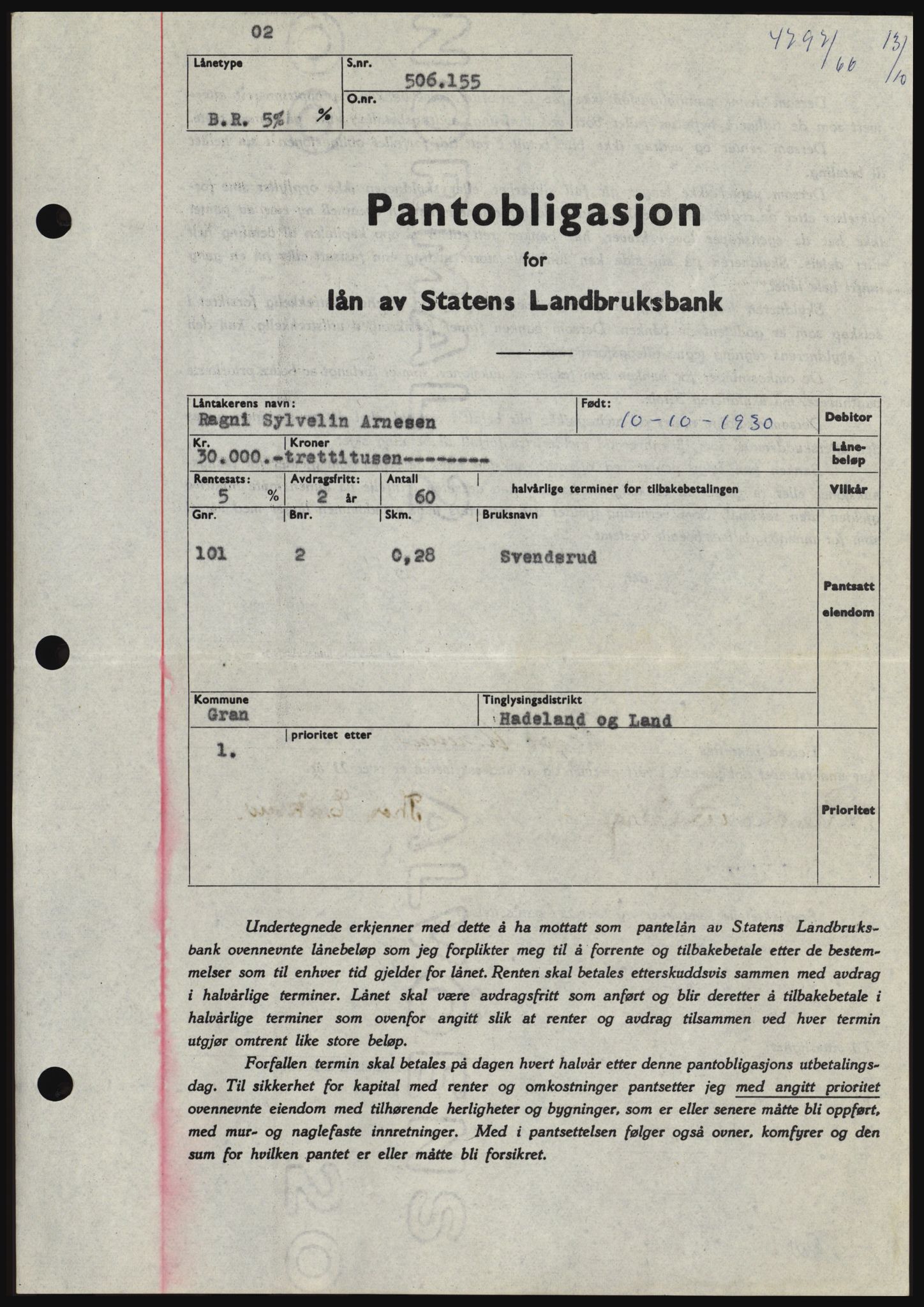 Hadeland og Land tingrett, SAH/TING-010/H/Hb/Hbc/L0064: Pantebok nr. B64, 1966-1966, Dagboknr: 4797/1966