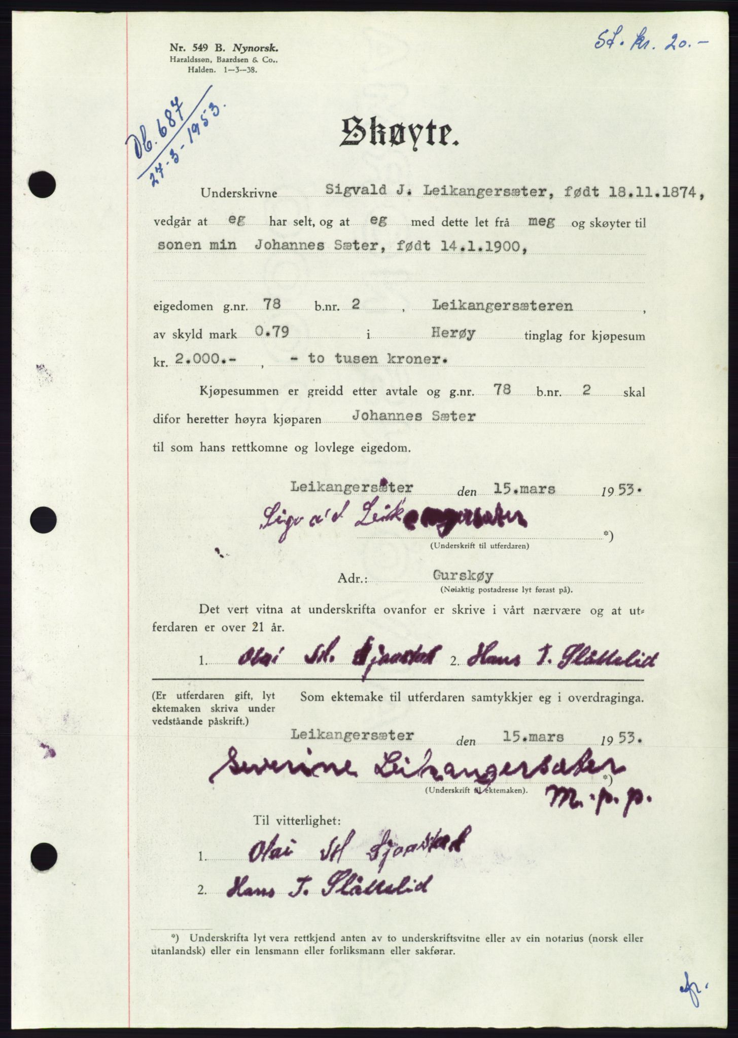 Søre Sunnmøre sorenskriveri, AV/SAT-A-4122/1/2/2C/L0094: Pantebok nr. 20A, 1953-1953, Dagboknr: 687/1953