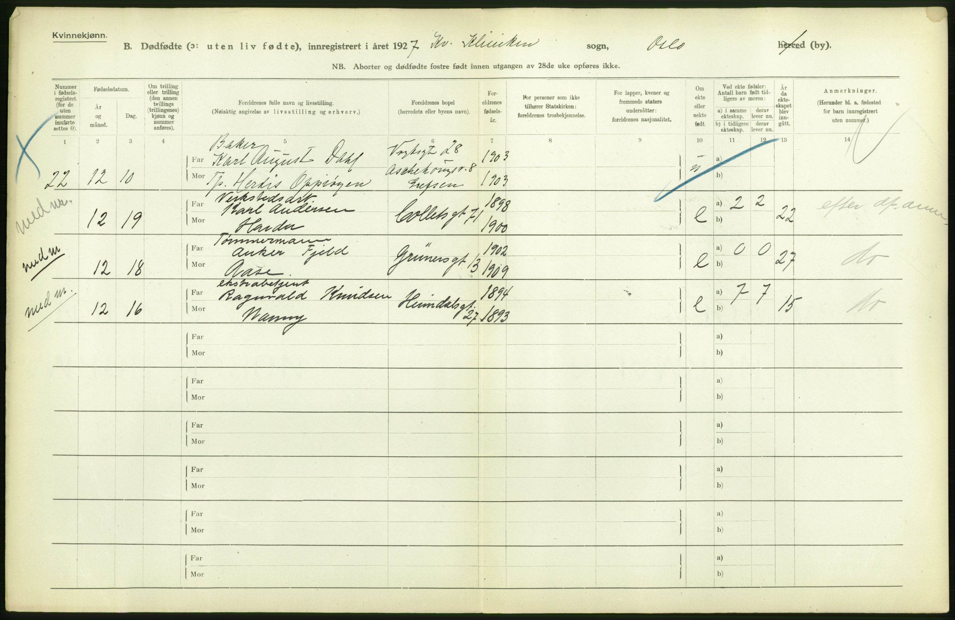 Statistisk sentralbyrå, Sosiodemografiske emner, Befolkning, AV/RA-S-2228/D/Df/Dfc/Dfcg/L0010: Oslo: Døde kvinner, dødfødte, 1927, s. 48