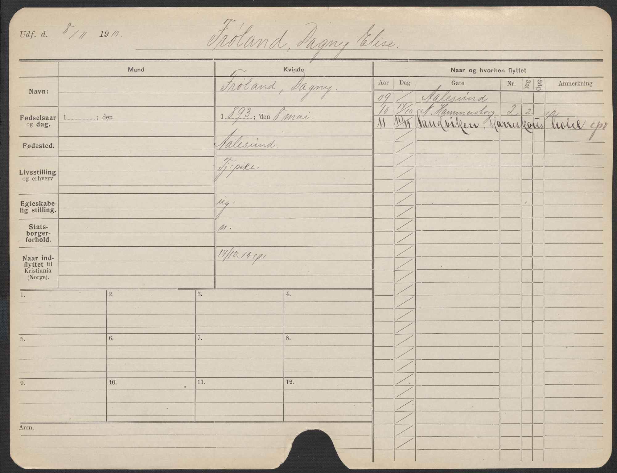 Oslo folkeregister, Registerkort, SAO/A-11715/F/Fa/Fac/L0014: Kvinner, 1906-1914, s. 1126a